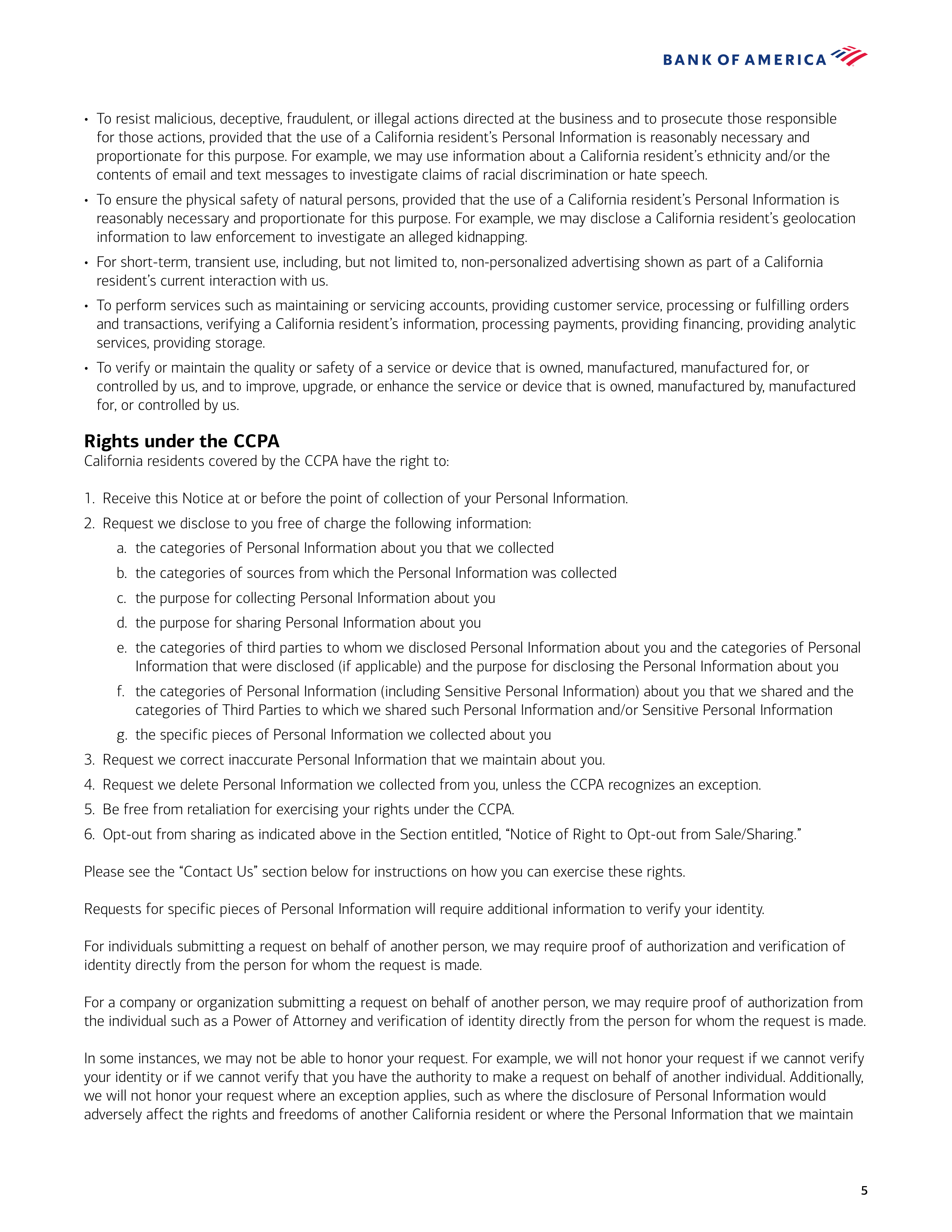 Bank of America California Consumer Privacy Act Notice — page 5