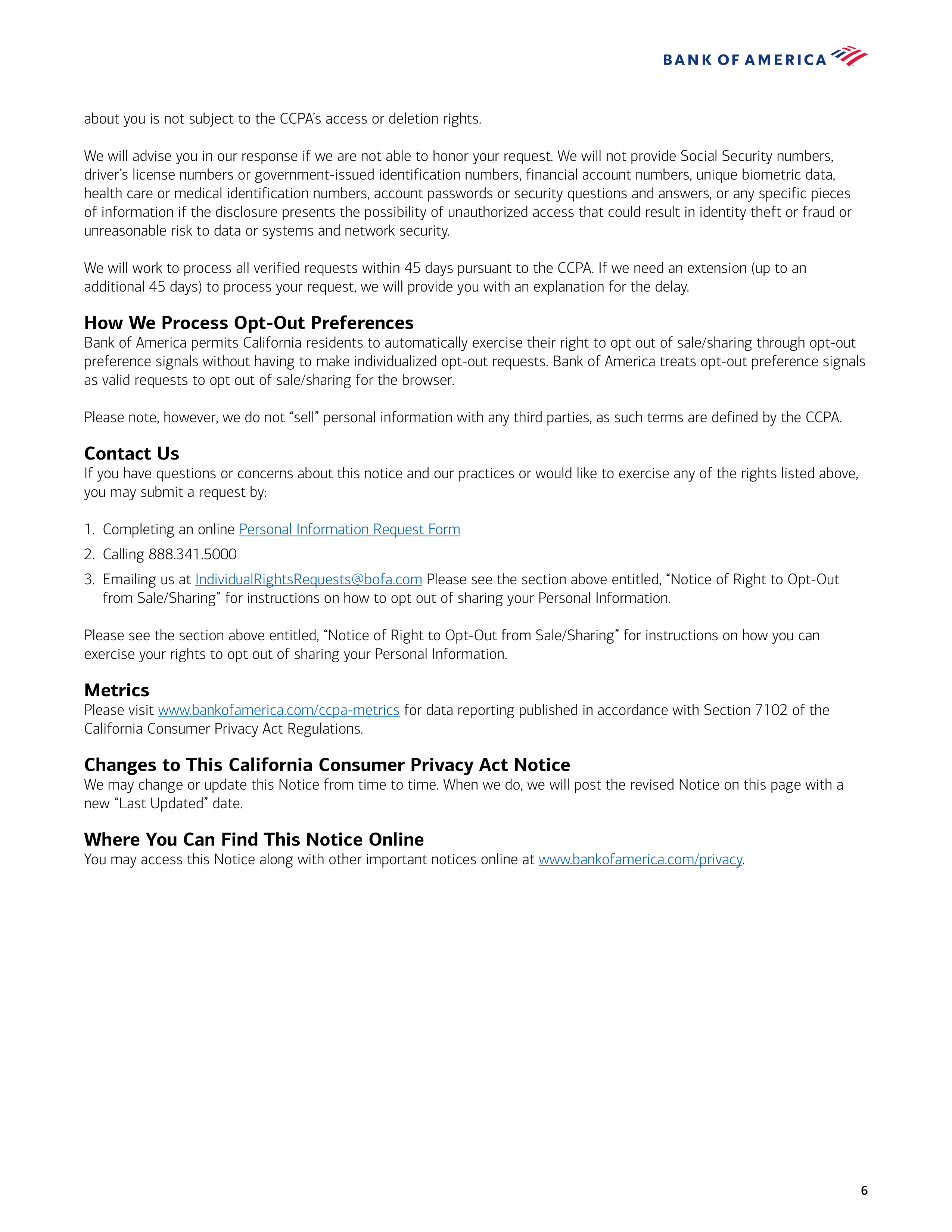 Bank of America California Consumer Privacy Act Notice — page 6