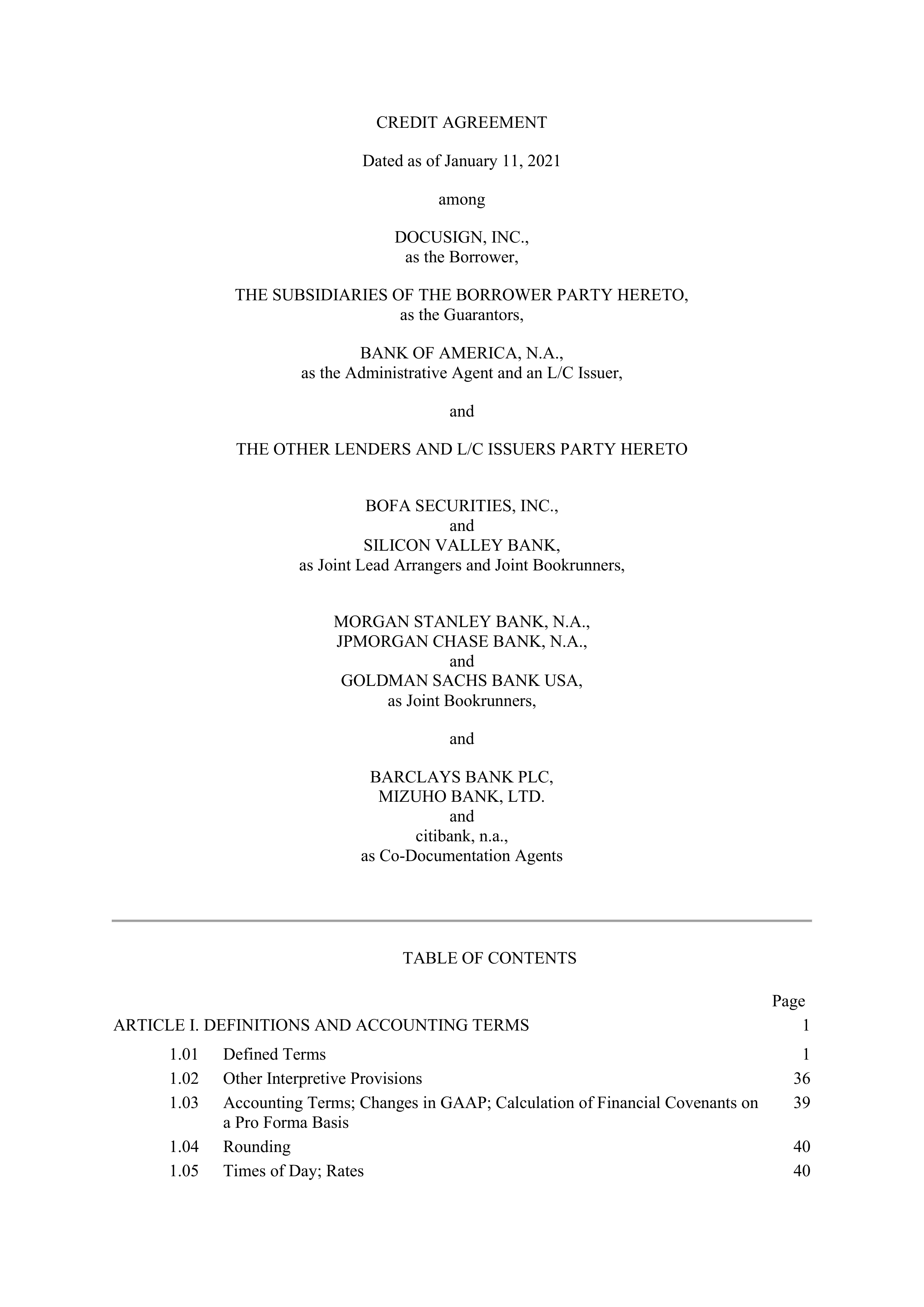 Bank of America Corporation Credit Agreement — page 1