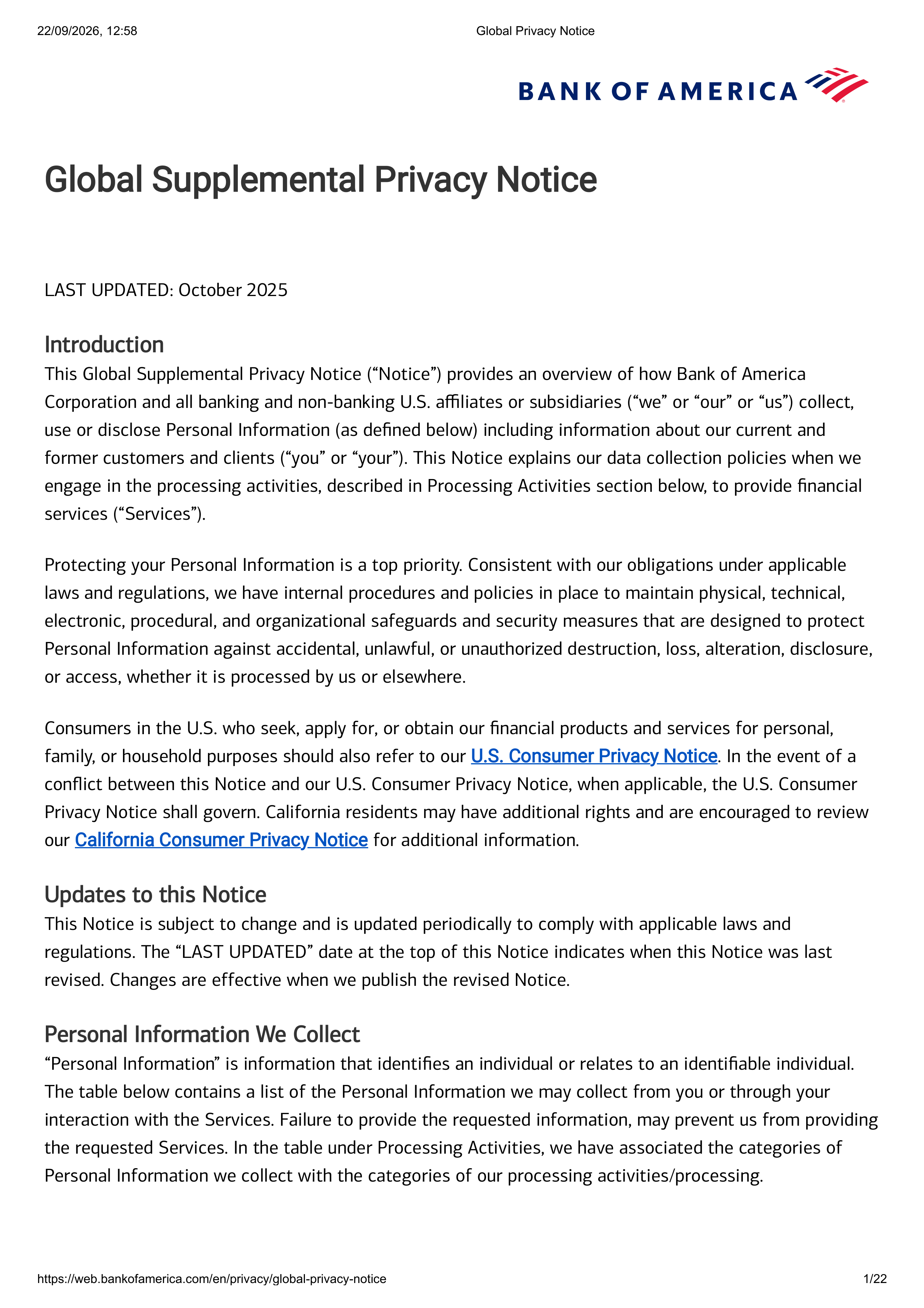 Bank of America Global Supplemental Privacy Notice — page 1