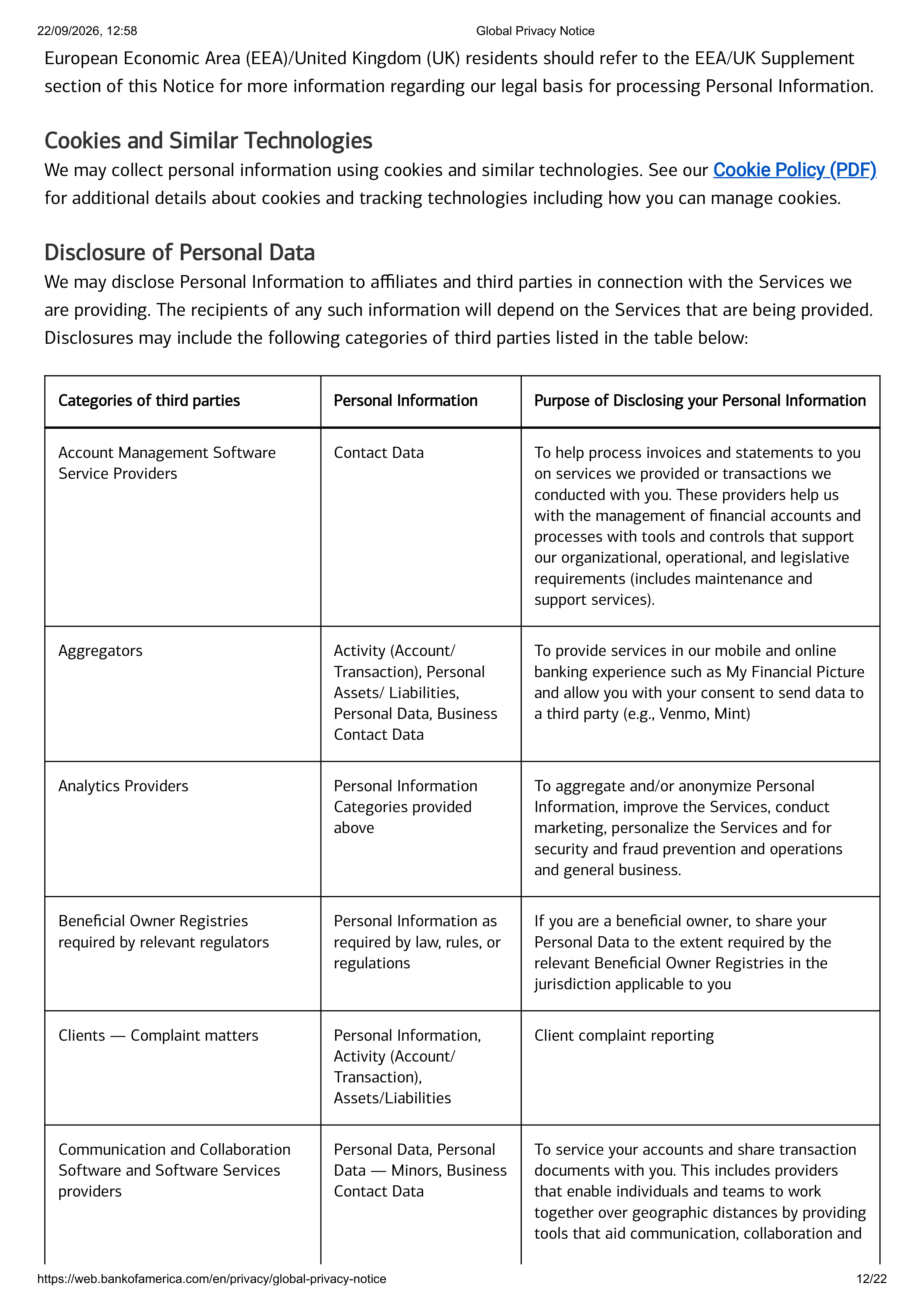Bank of America Global Supplemental Privacy Notice — page 12