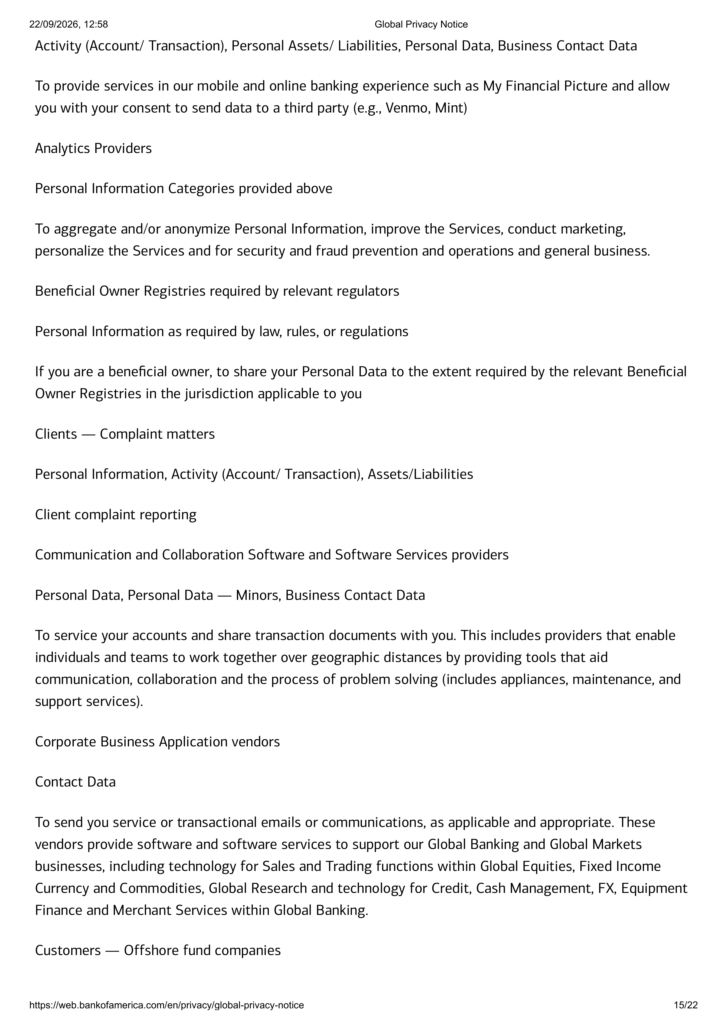 Bank of America Global Supplemental Privacy Notice — page 15