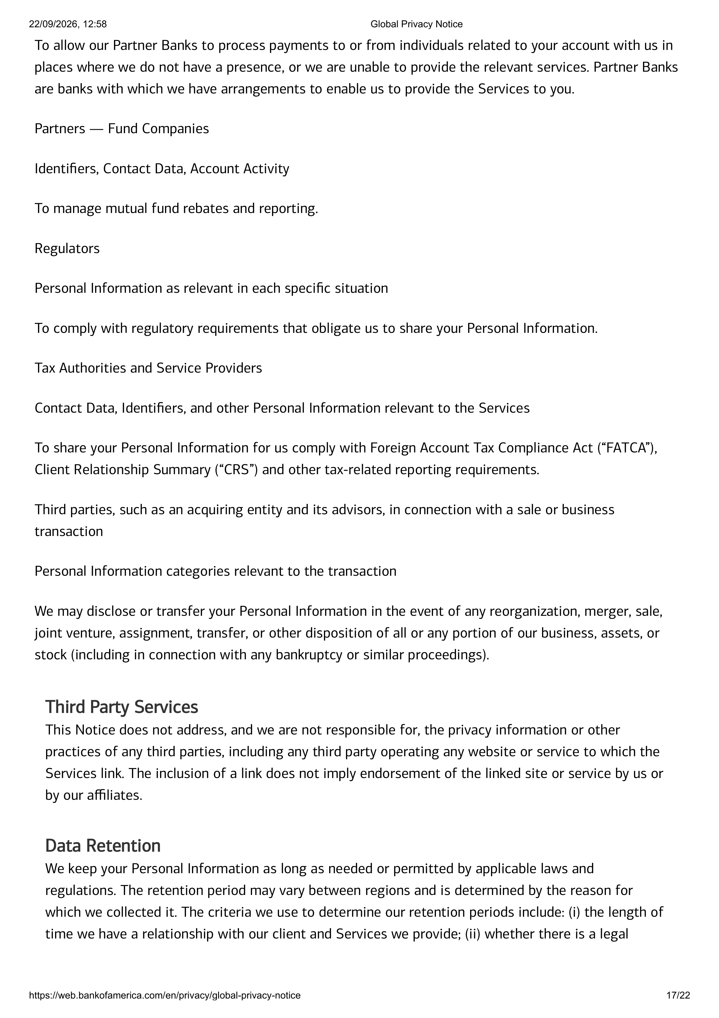 Bank of America Global Supplemental Privacy Notice — page 17