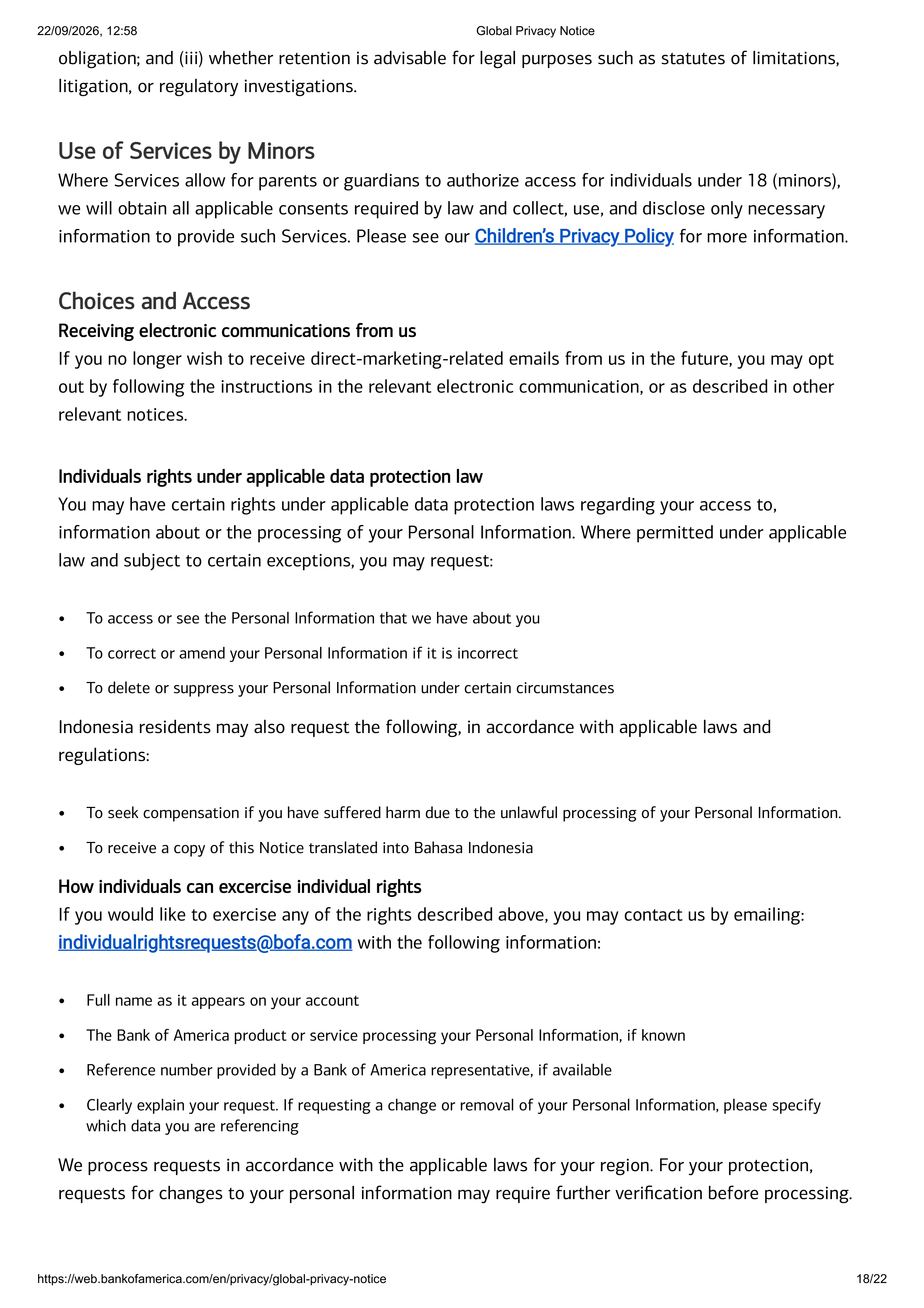 Bank of America Global Supplemental Privacy Notice — page 18