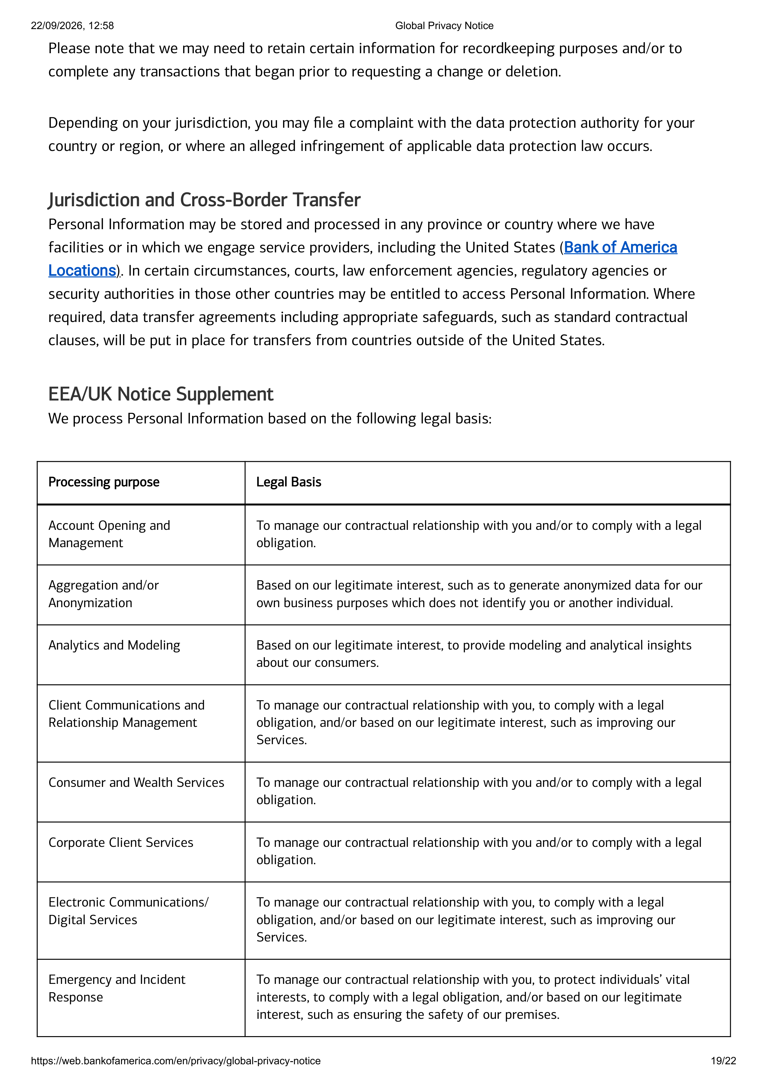Bank of America Global Supplemental Privacy Notice — page 19