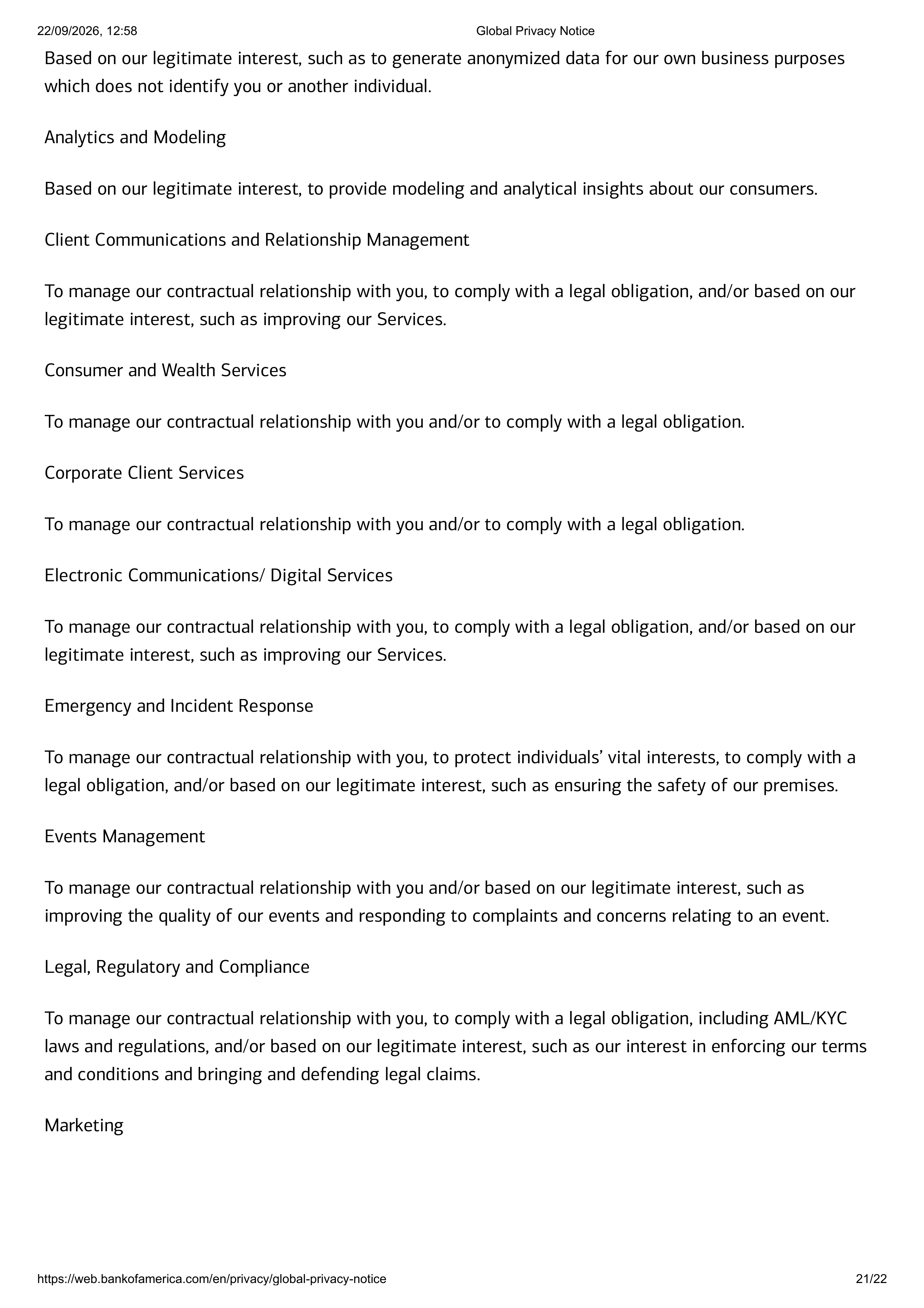 Bank of America Global Supplemental Privacy Notice — page 21