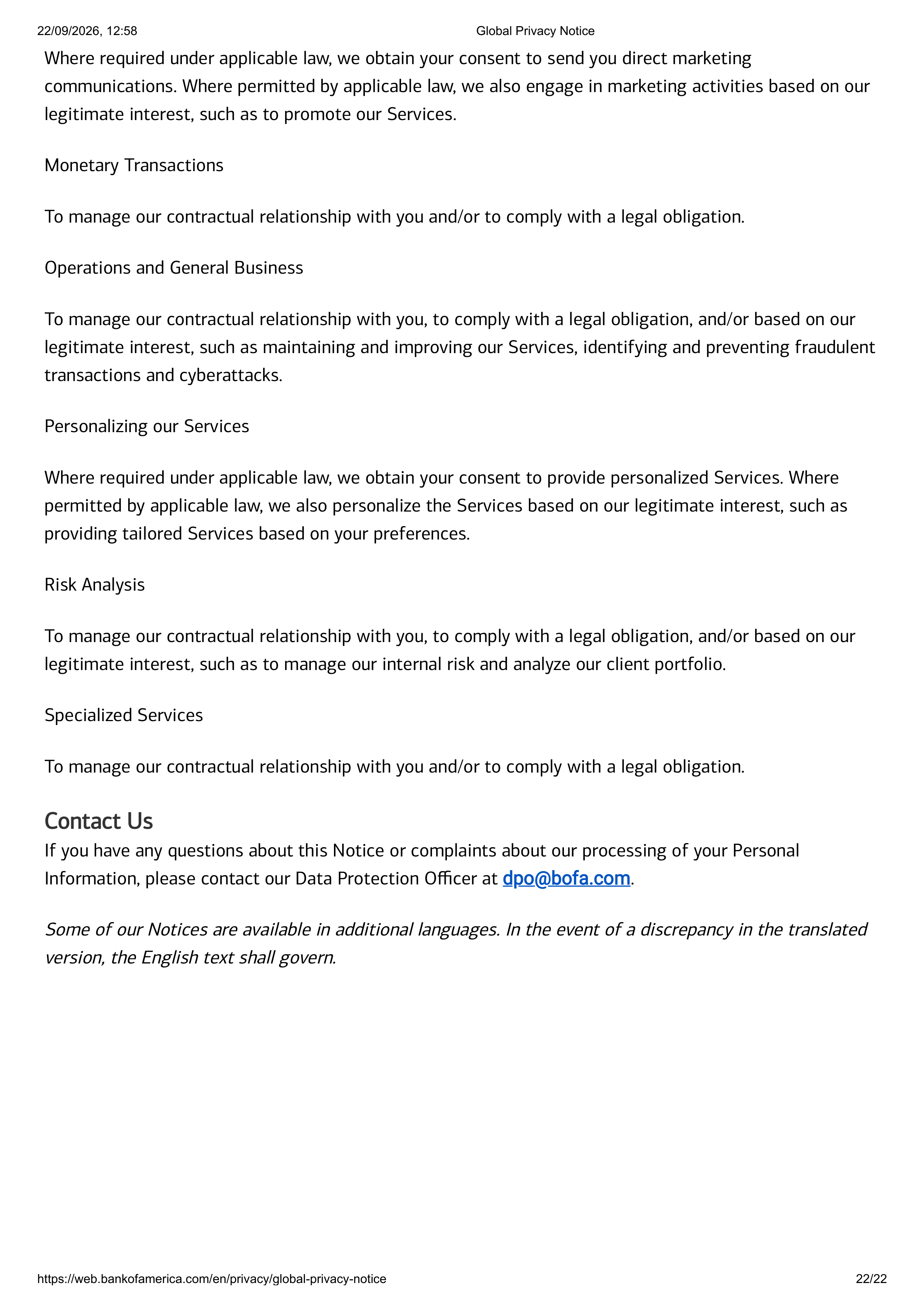 Bank of America Global Supplemental Privacy Notice — page 22