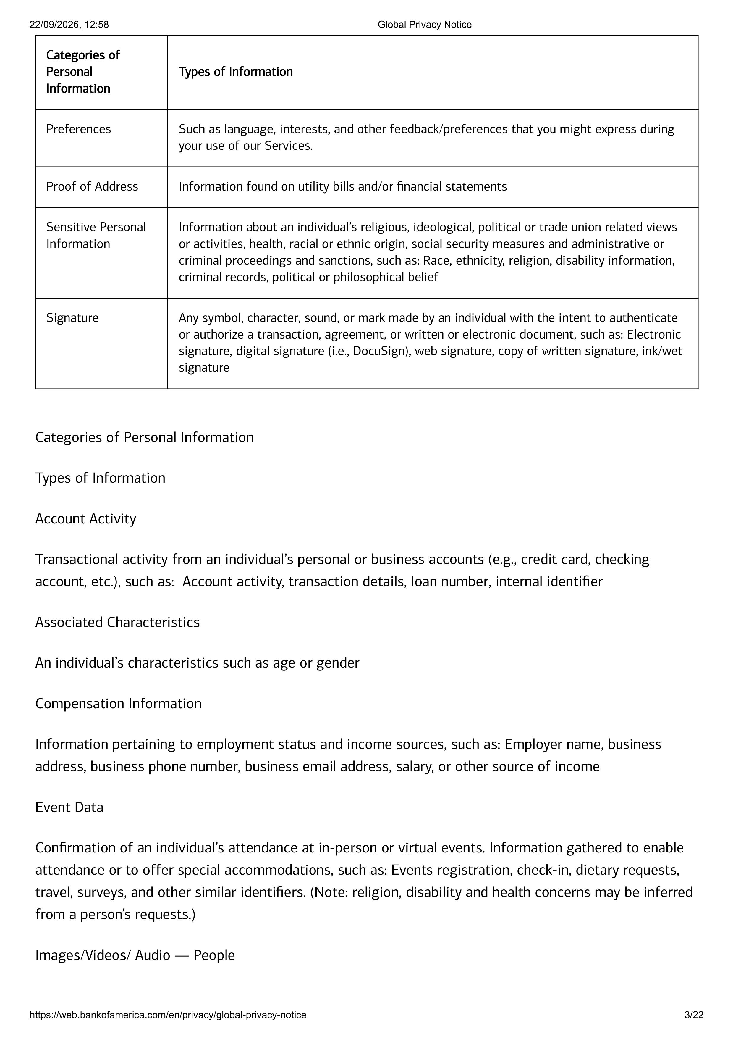 Bank of America Global Supplemental Privacy Notice — page 3