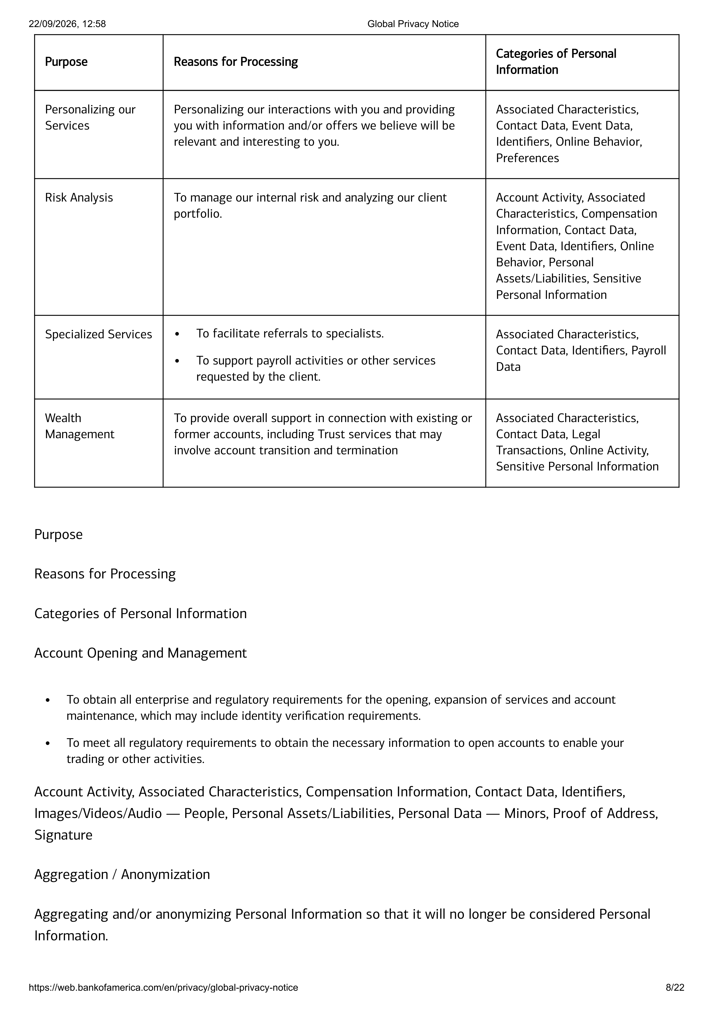 Bank of America Global Supplemental Privacy Notice — page 8