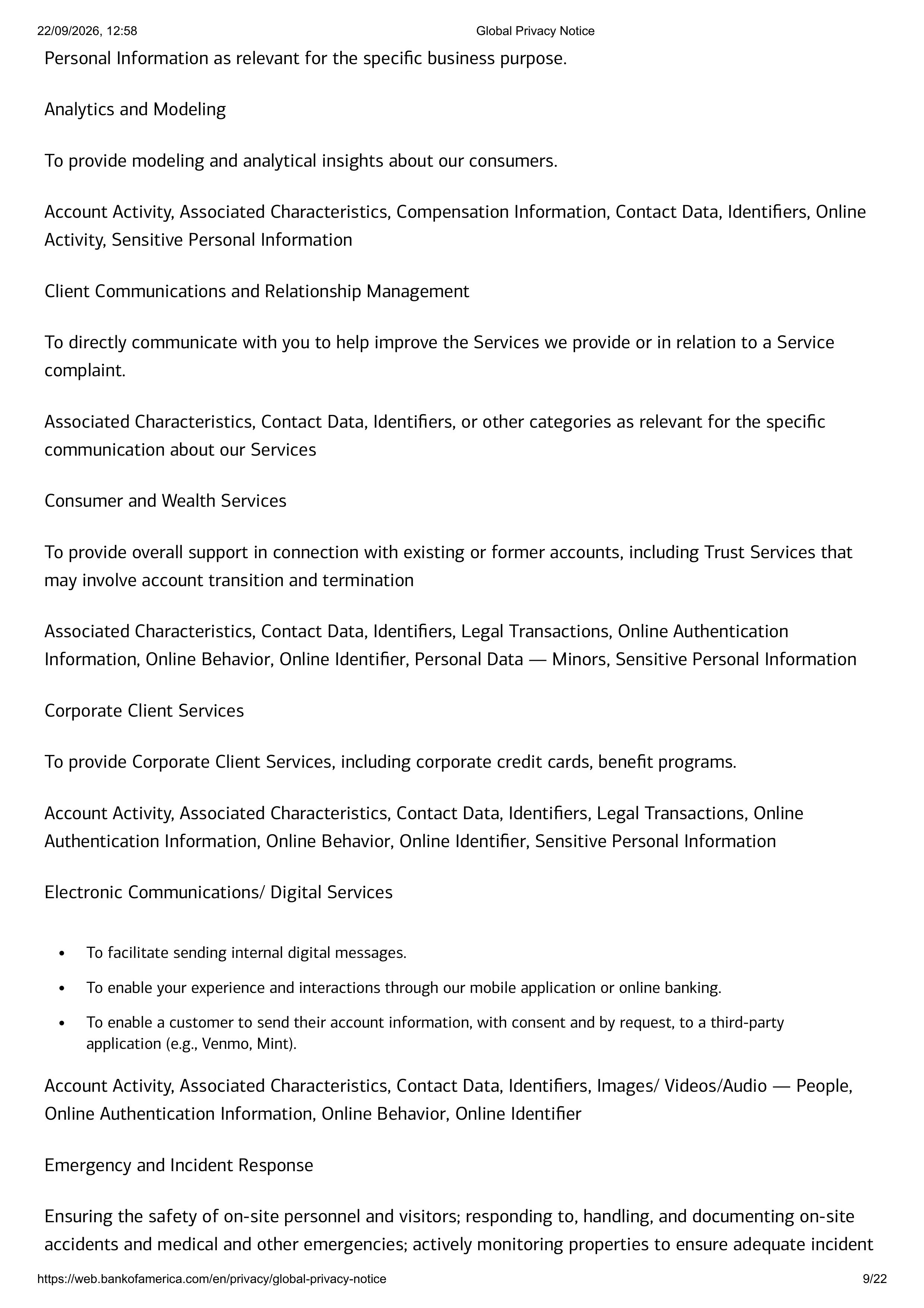 Bank of America Global Supplemental Privacy Notice — page 9