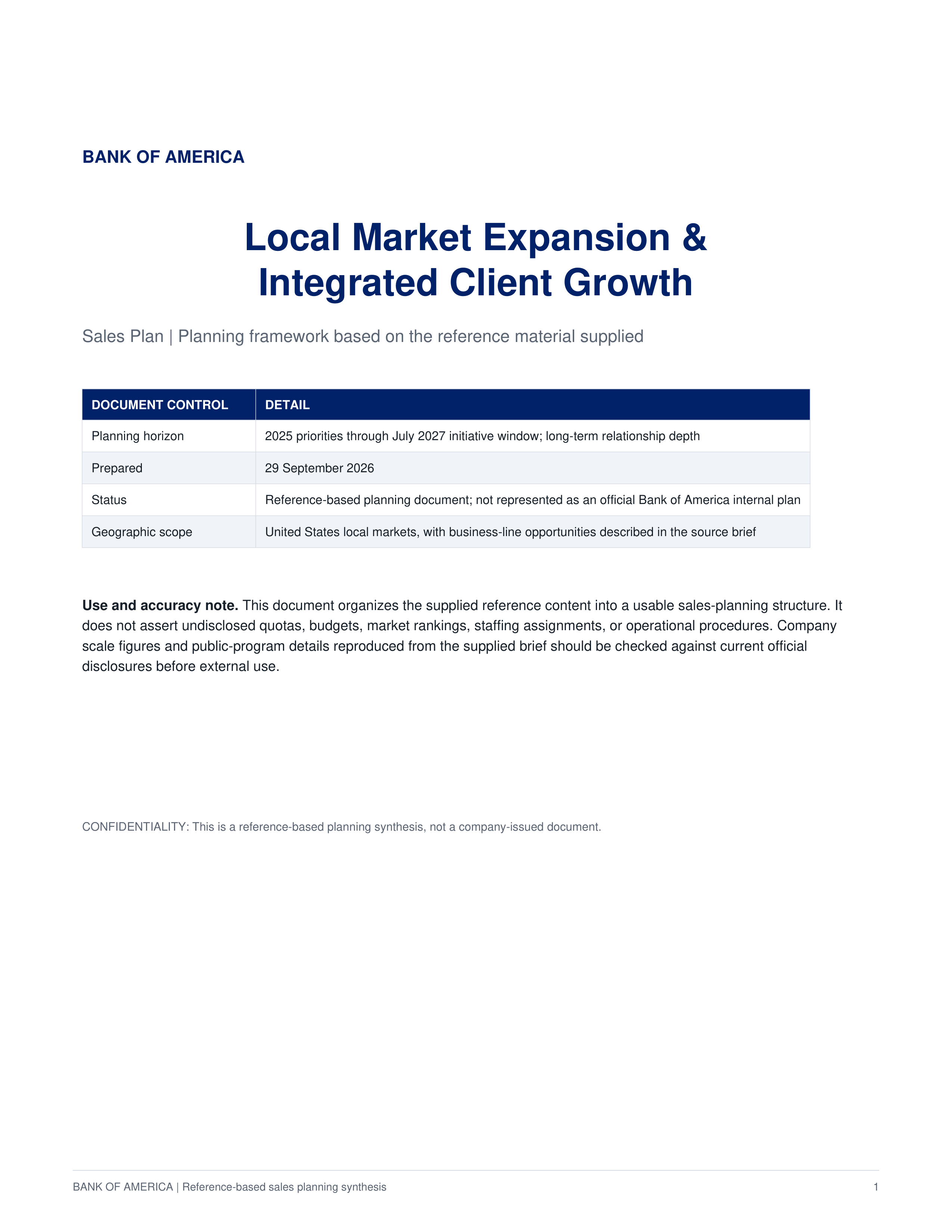 Bank of America Local Market Expansion & Integrated Client Growth Sales Plan — page 1