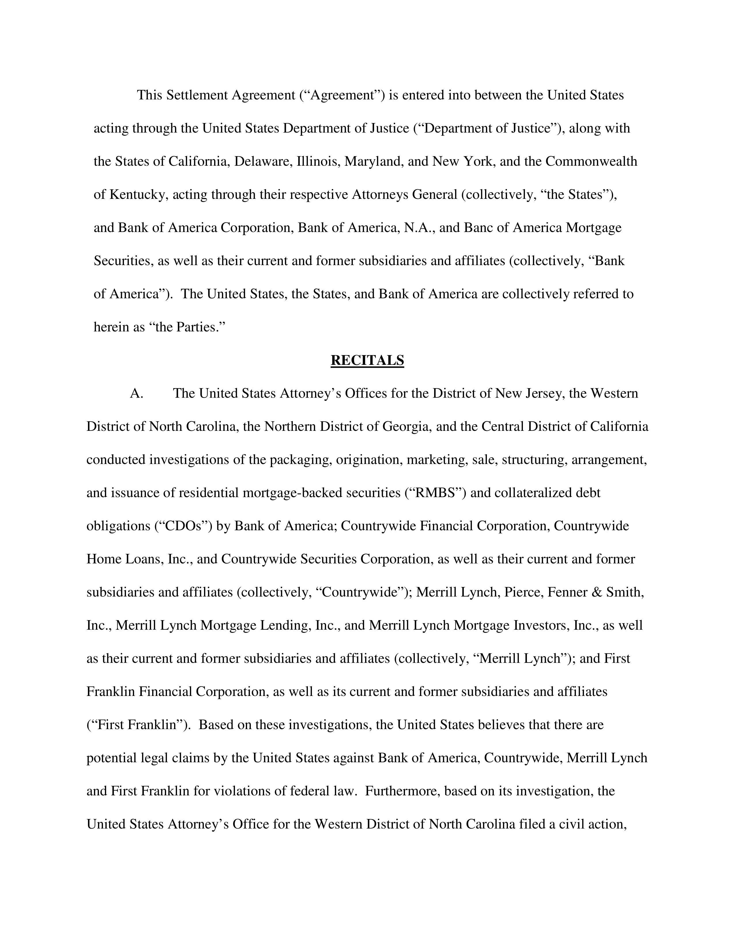 Bank of America Settlement Agreement — page 1