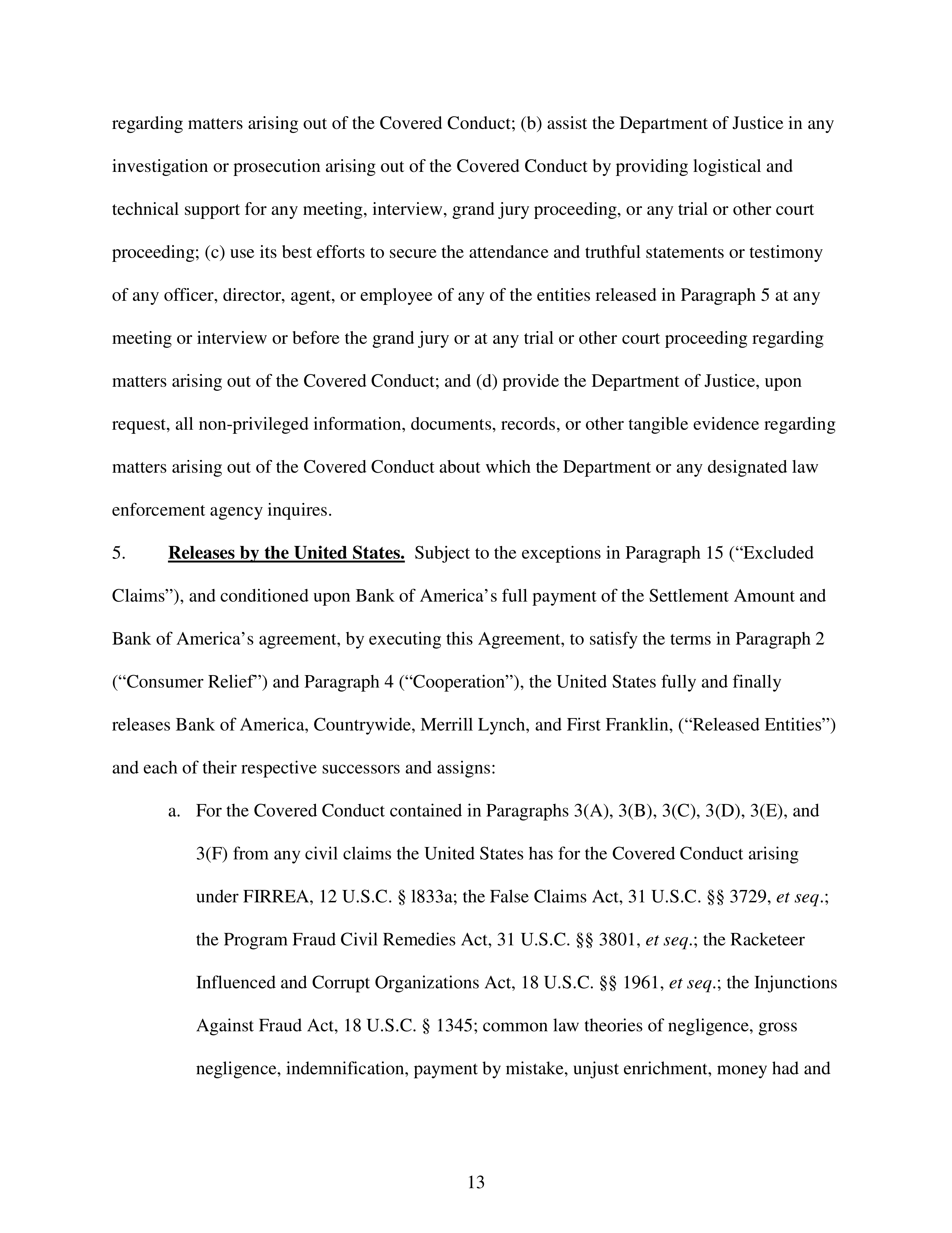 Bank of America Settlement Agreement — page 13