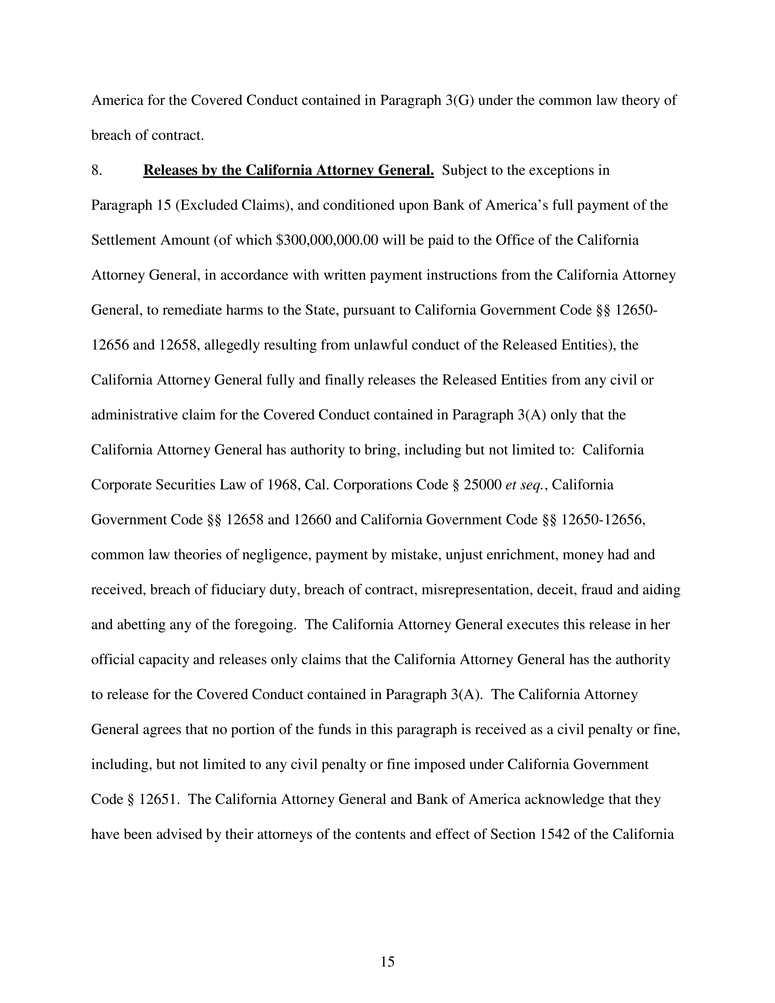 Bank of America Settlement Agreement — page 15
