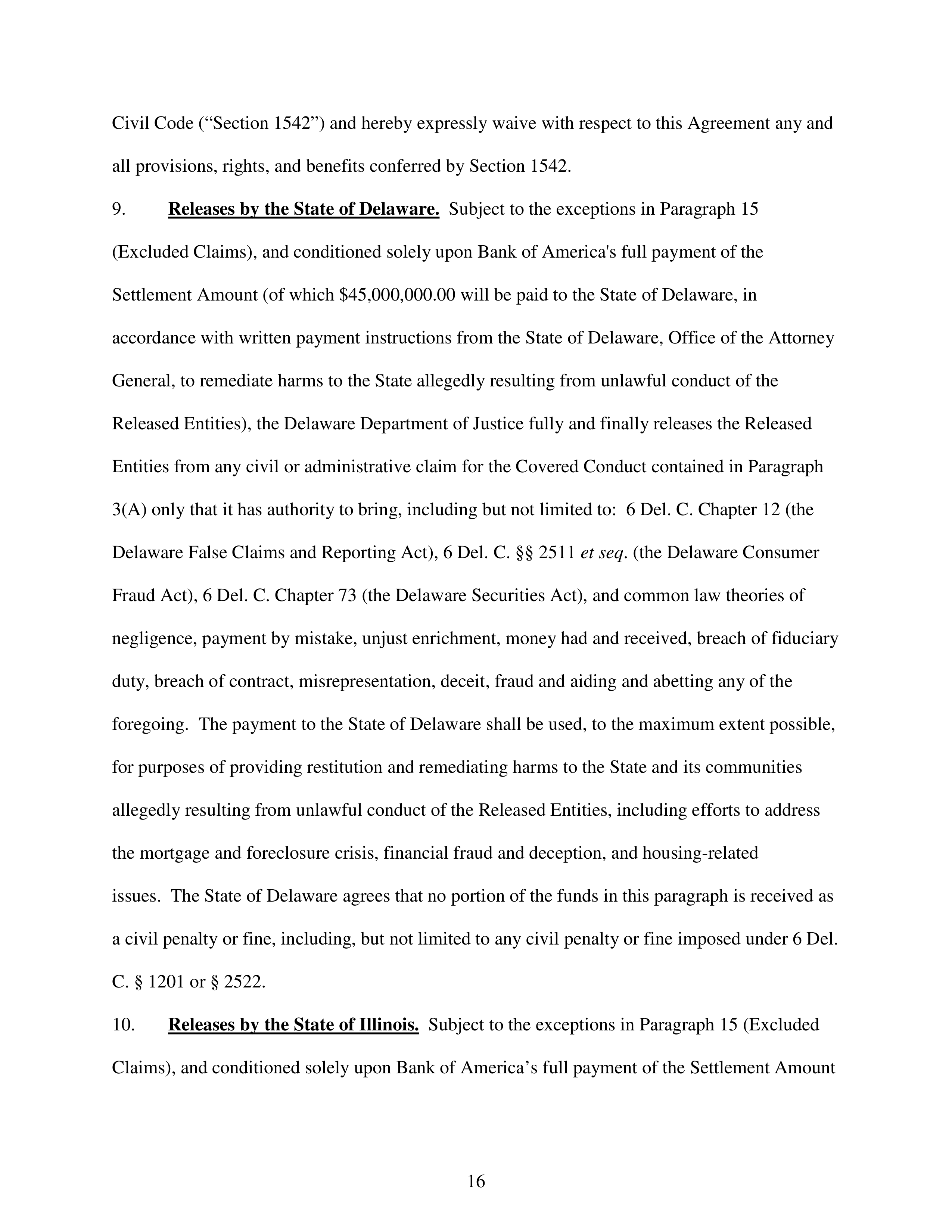 Bank of America Settlement Agreement — page 16