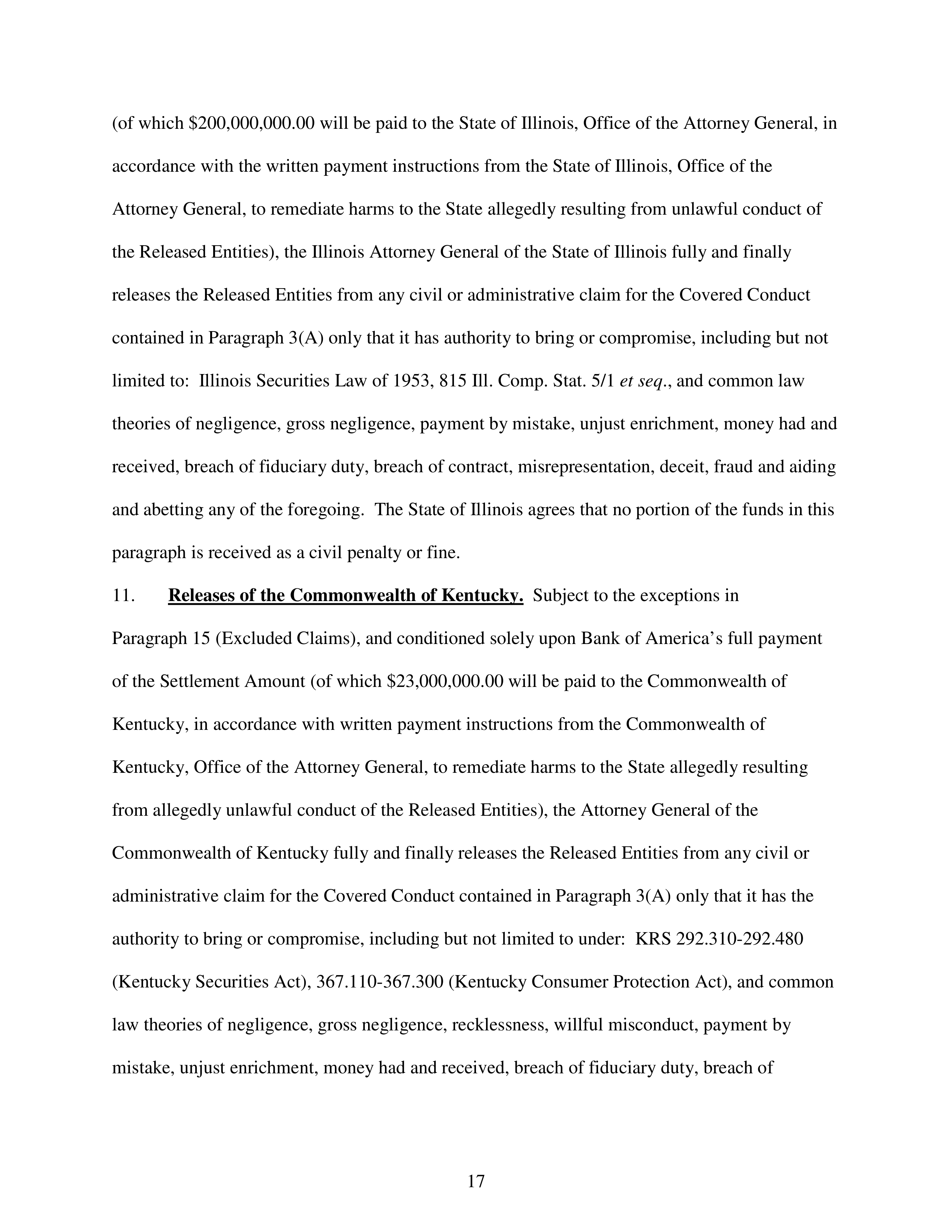 Bank of America Settlement Agreement — page 17