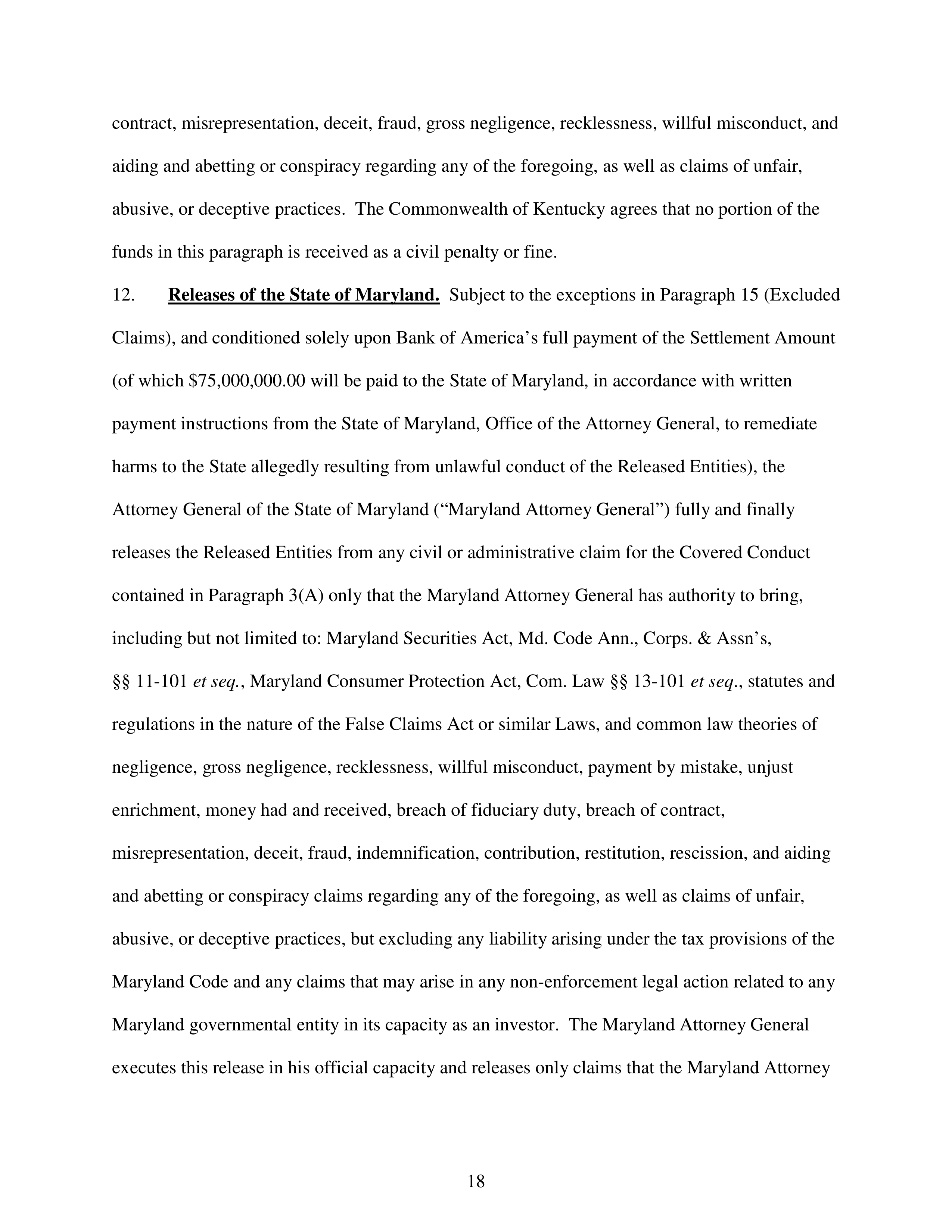 Bank of America Settlement Agreement — page 18