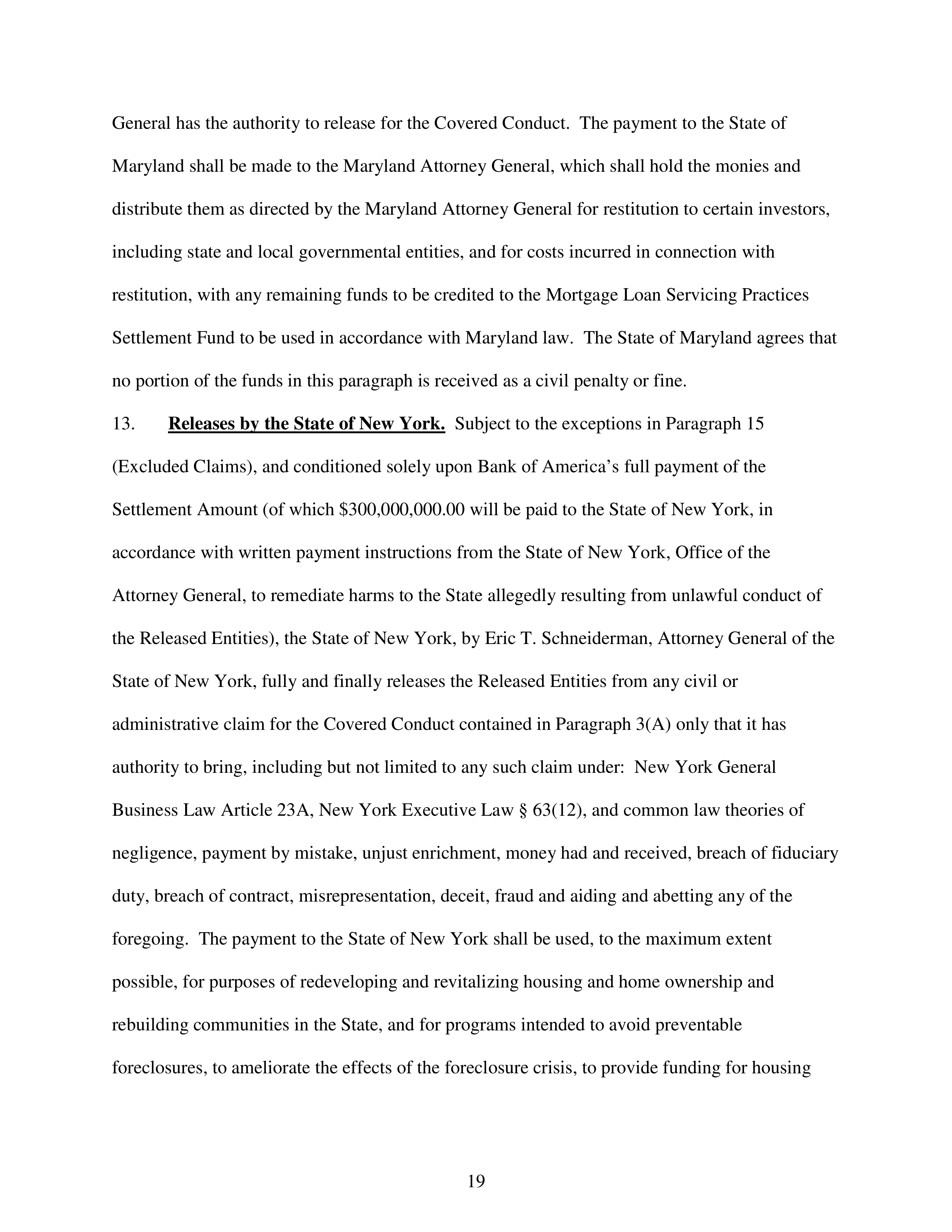 Bank of America Settlement Agreement — page 19