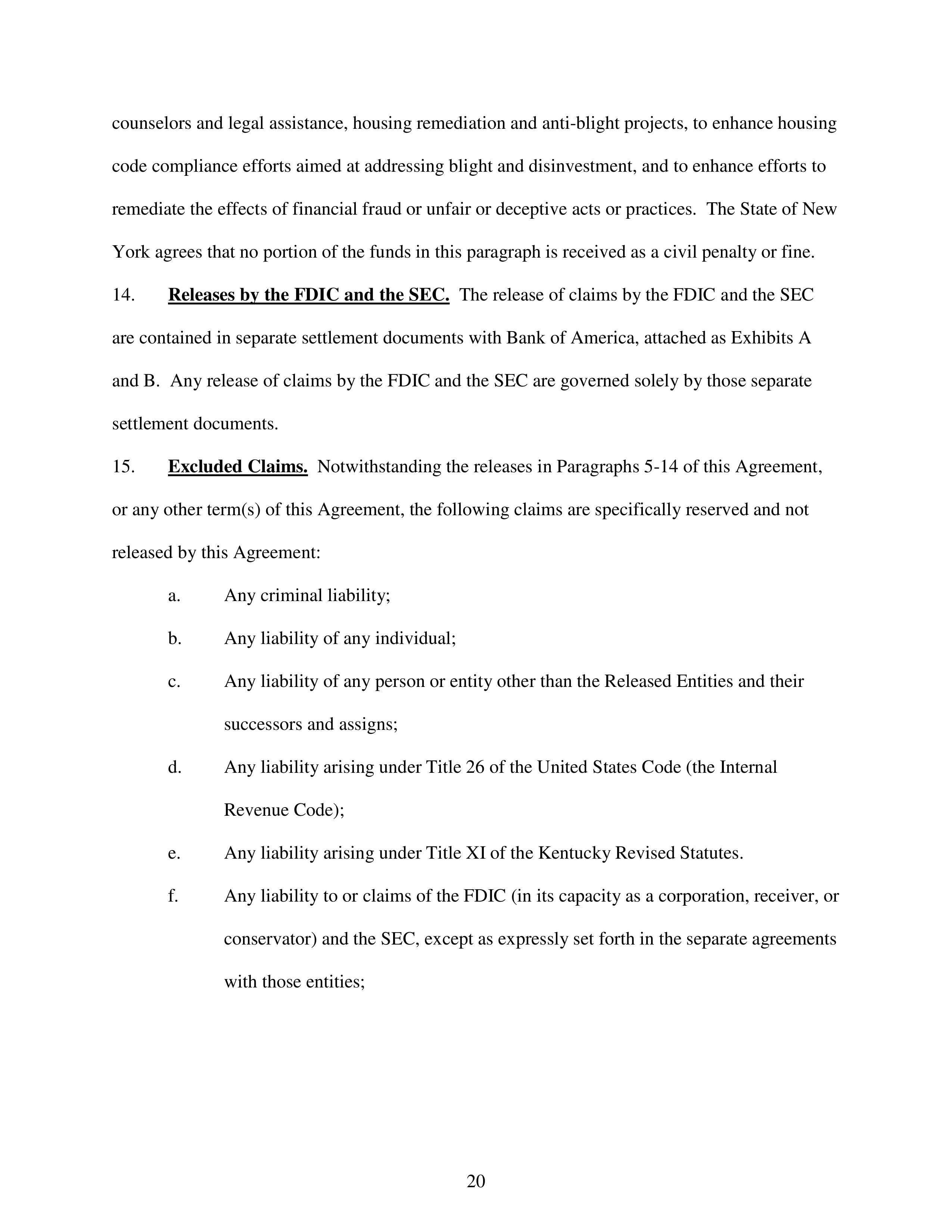 Bank of America Settlement Agreement — page 20