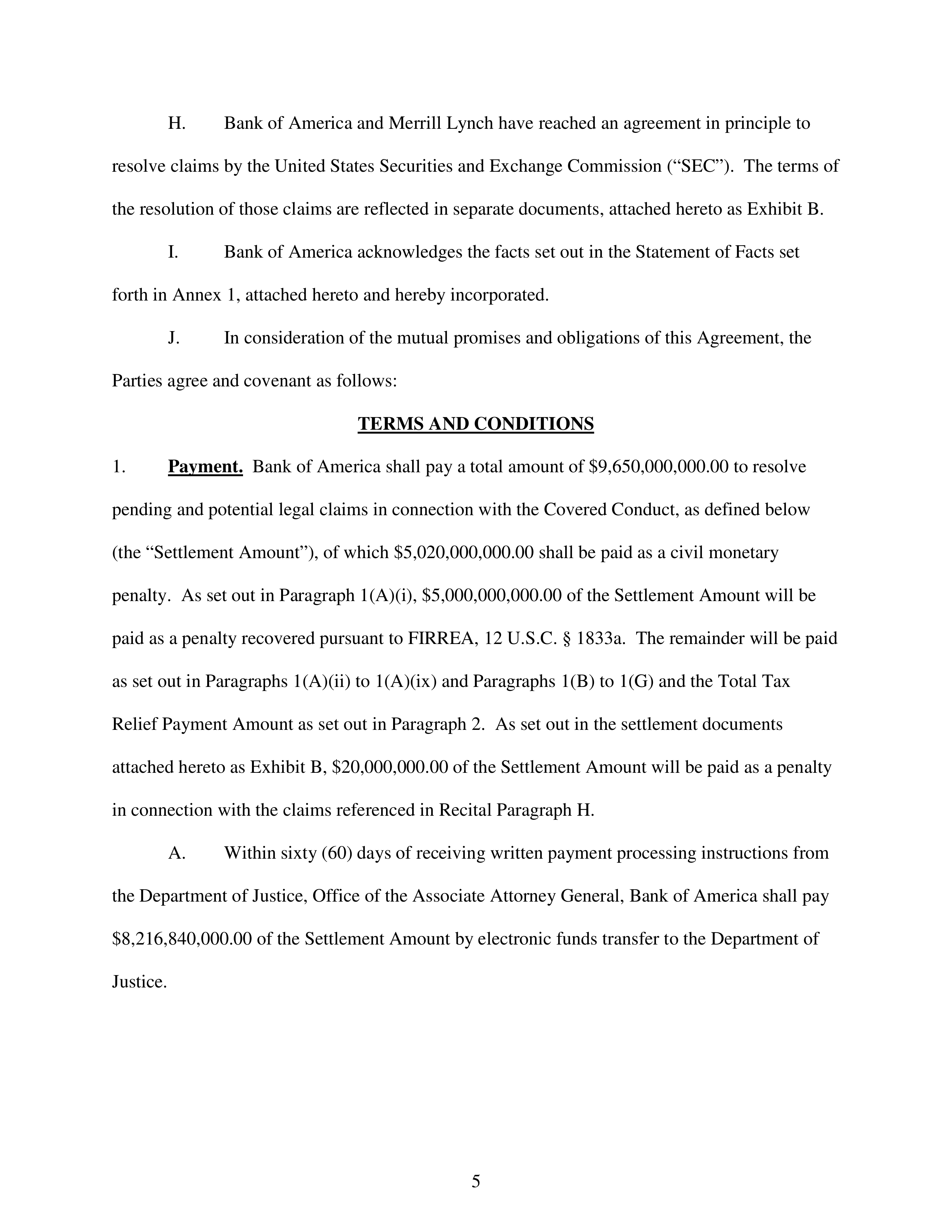 Bank of America Settlement Agreement — page 5