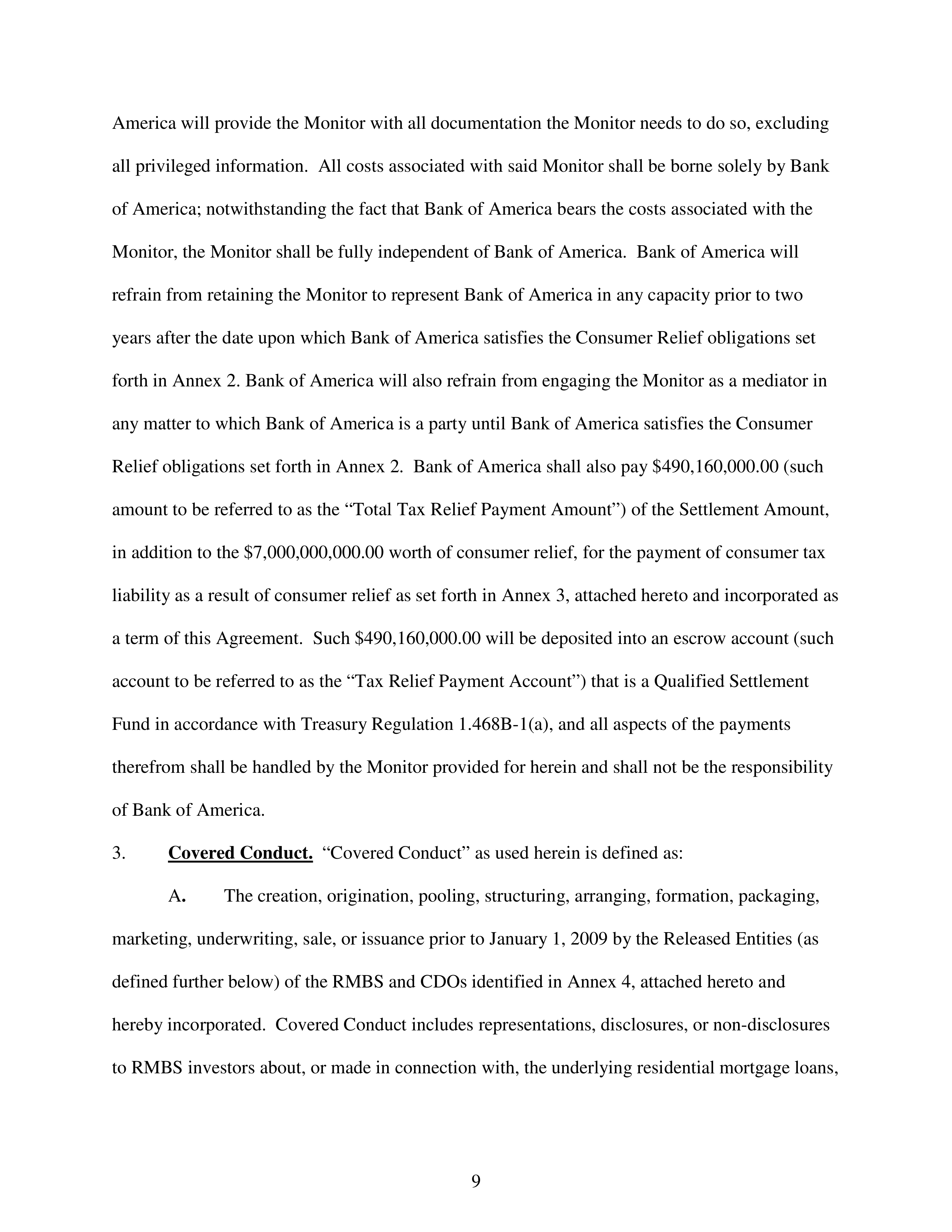 Bank of America Settlement Agreement — page 9
