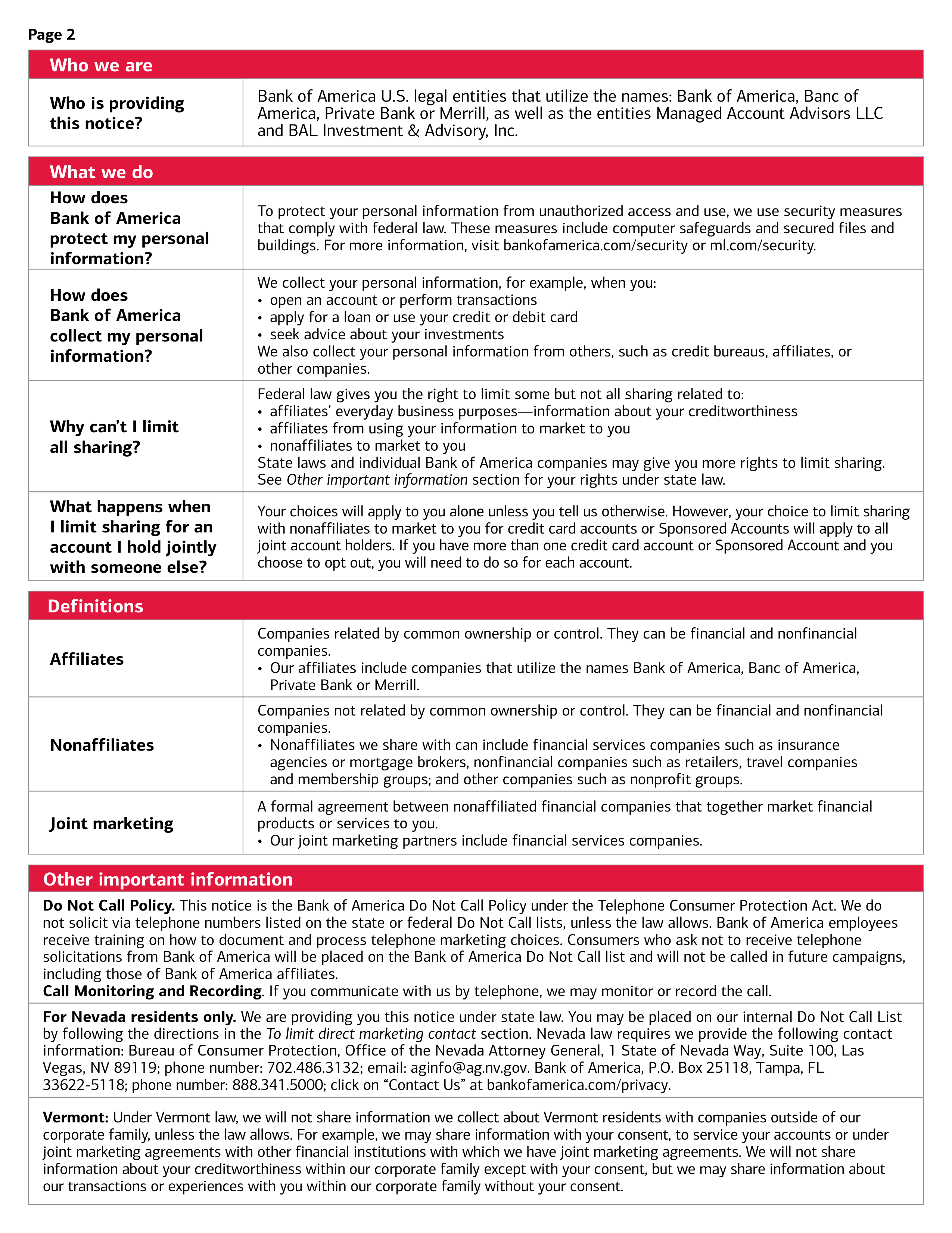 Bank of America U.S. Consumer Privacy Notice — page 2