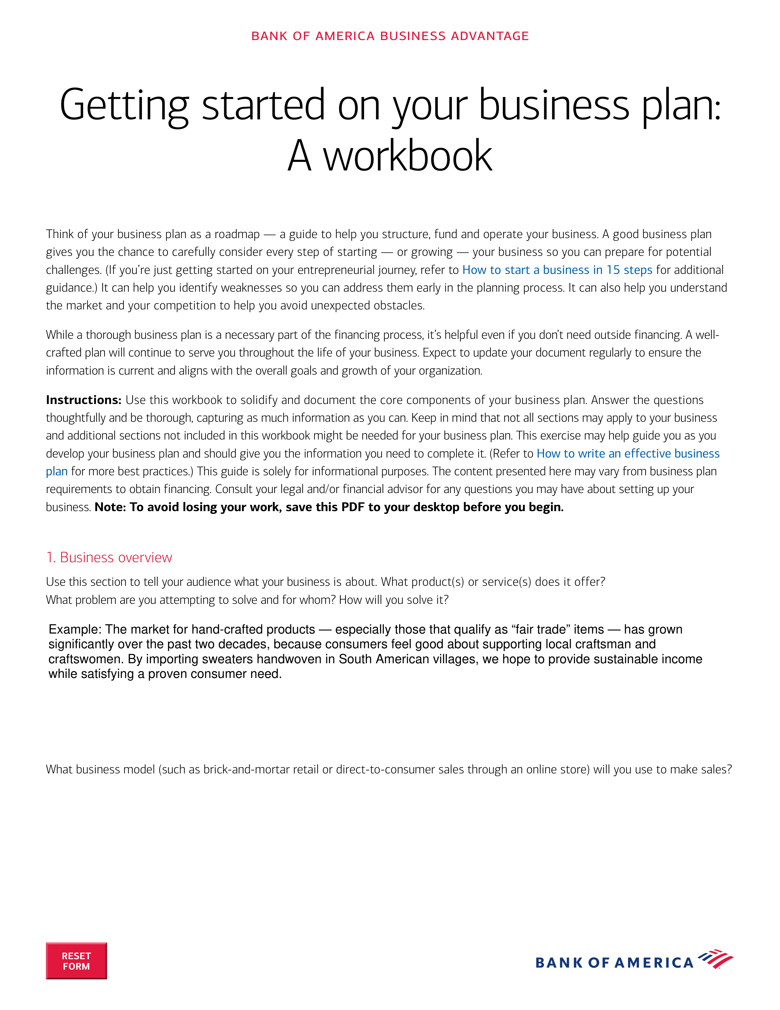 Bank of America business Plan  — page 1