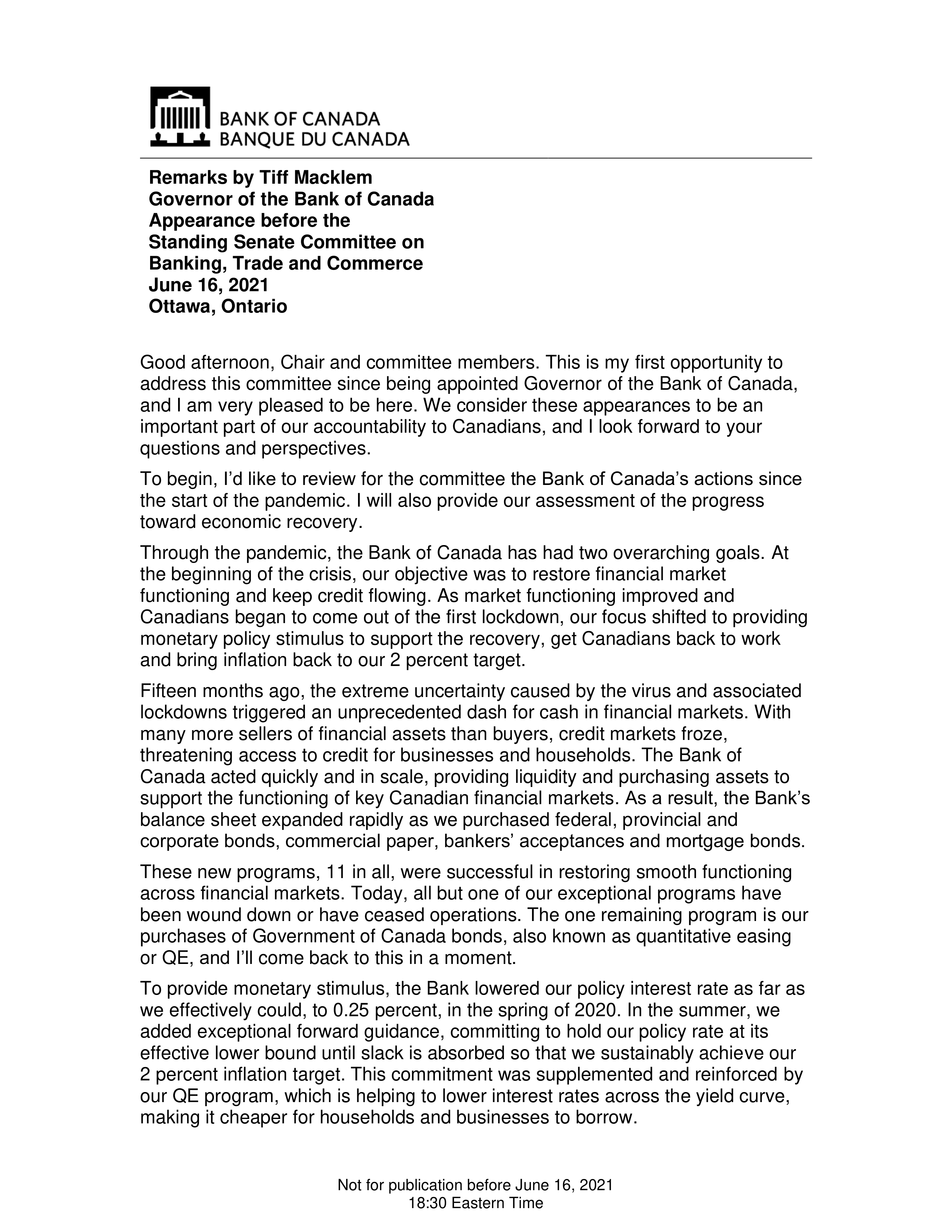 Bank of Canada Senate Committee Opening Statement — page 1