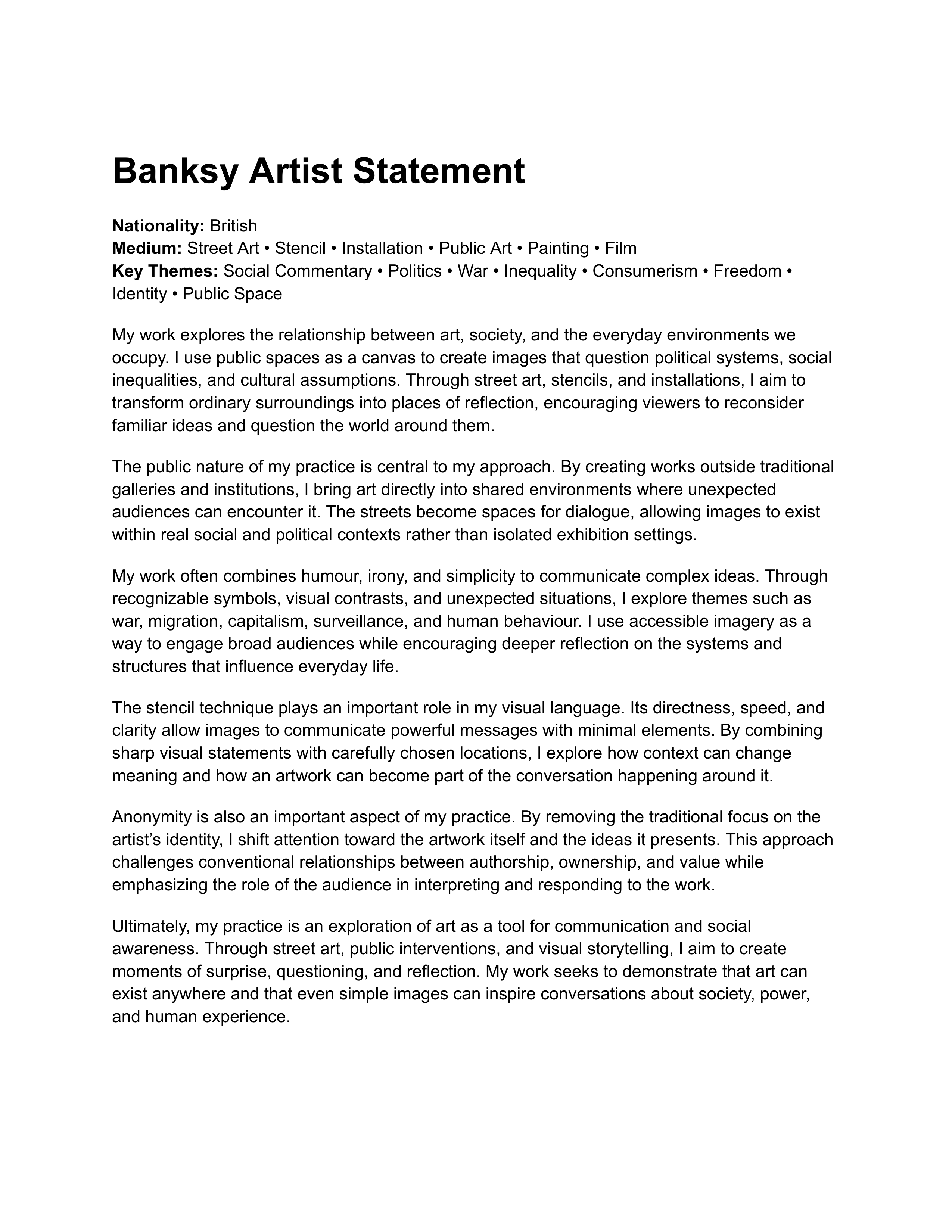 Banksy Artist Statement — page 1