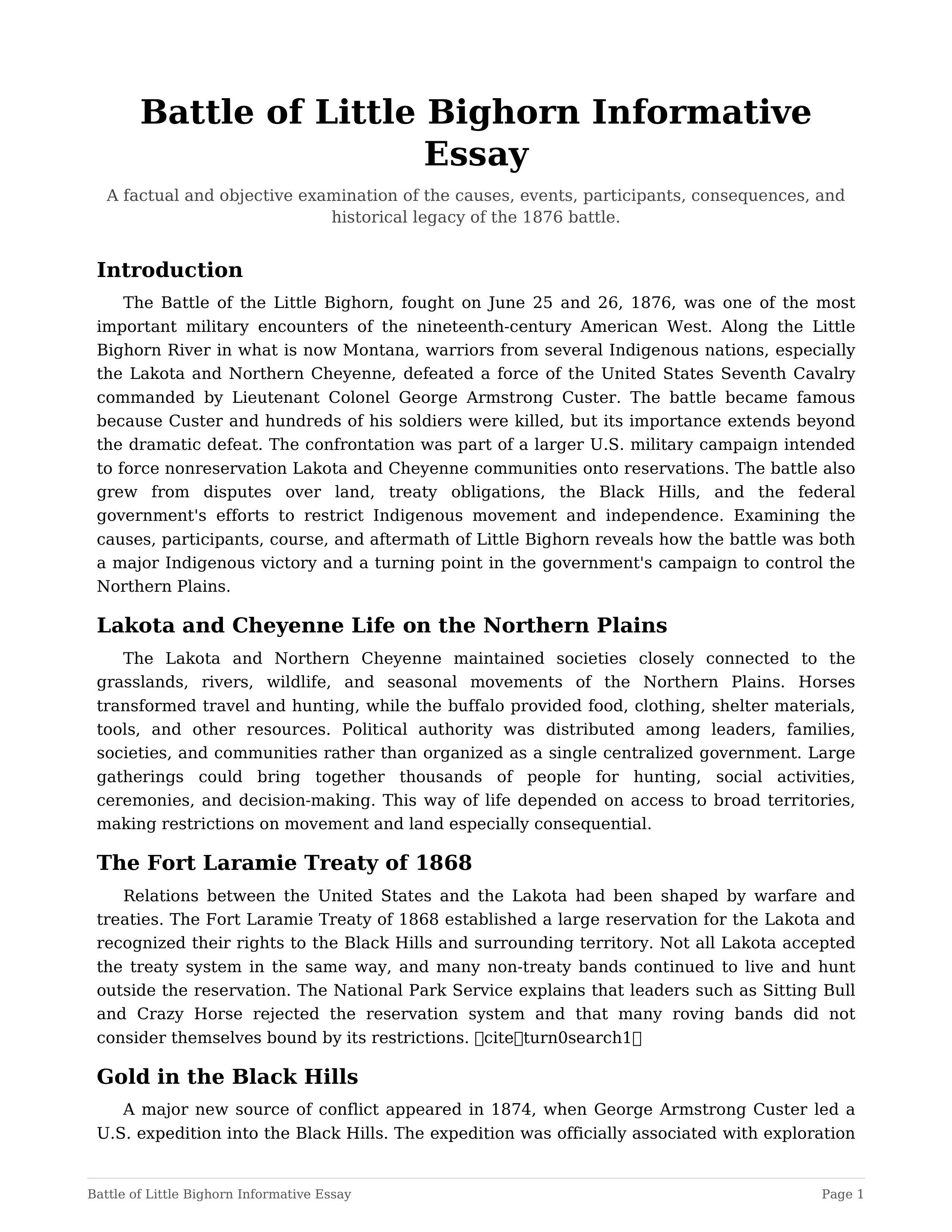 Battle of Little Bighorn Informative Essay — page 1