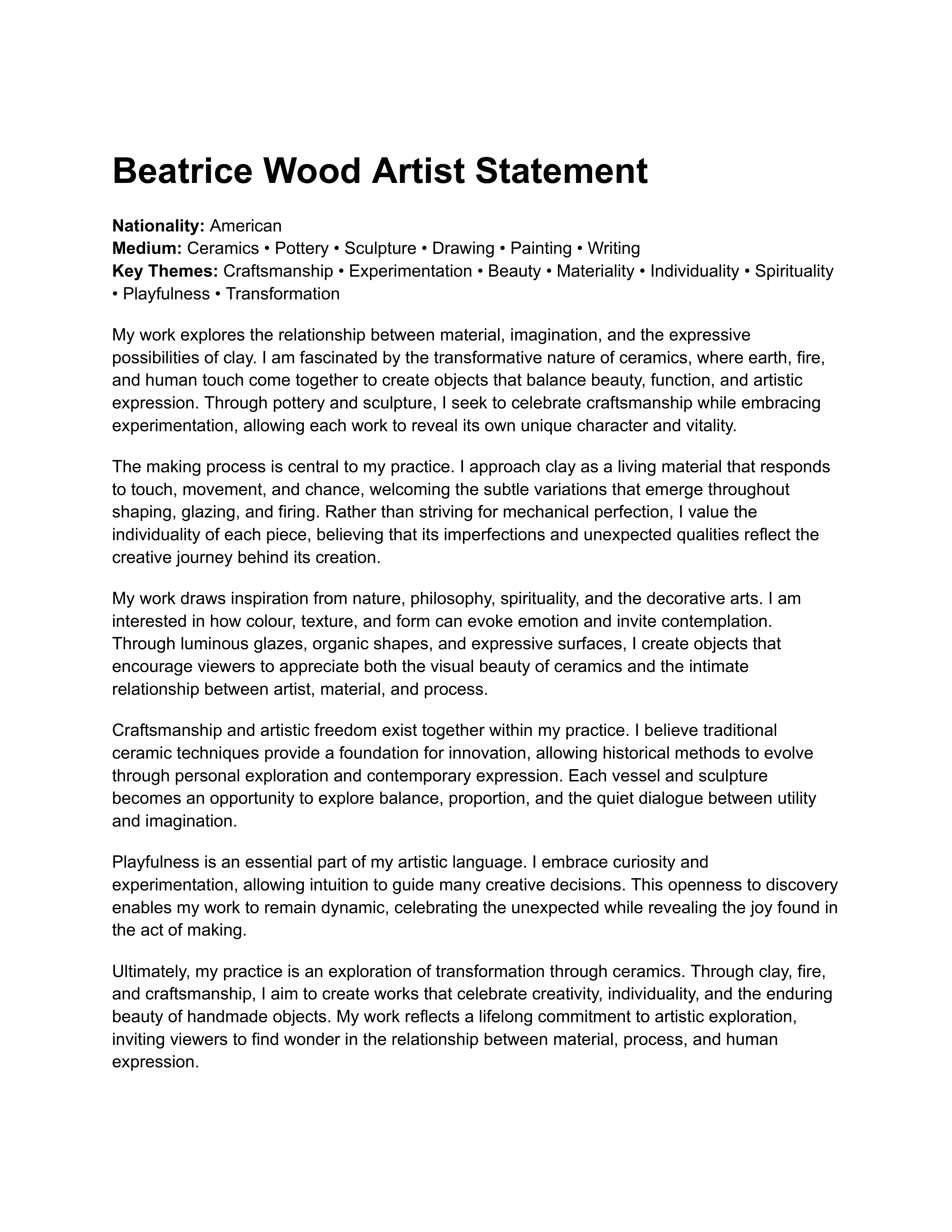 Beatrice Wood Artist Statement — page 1