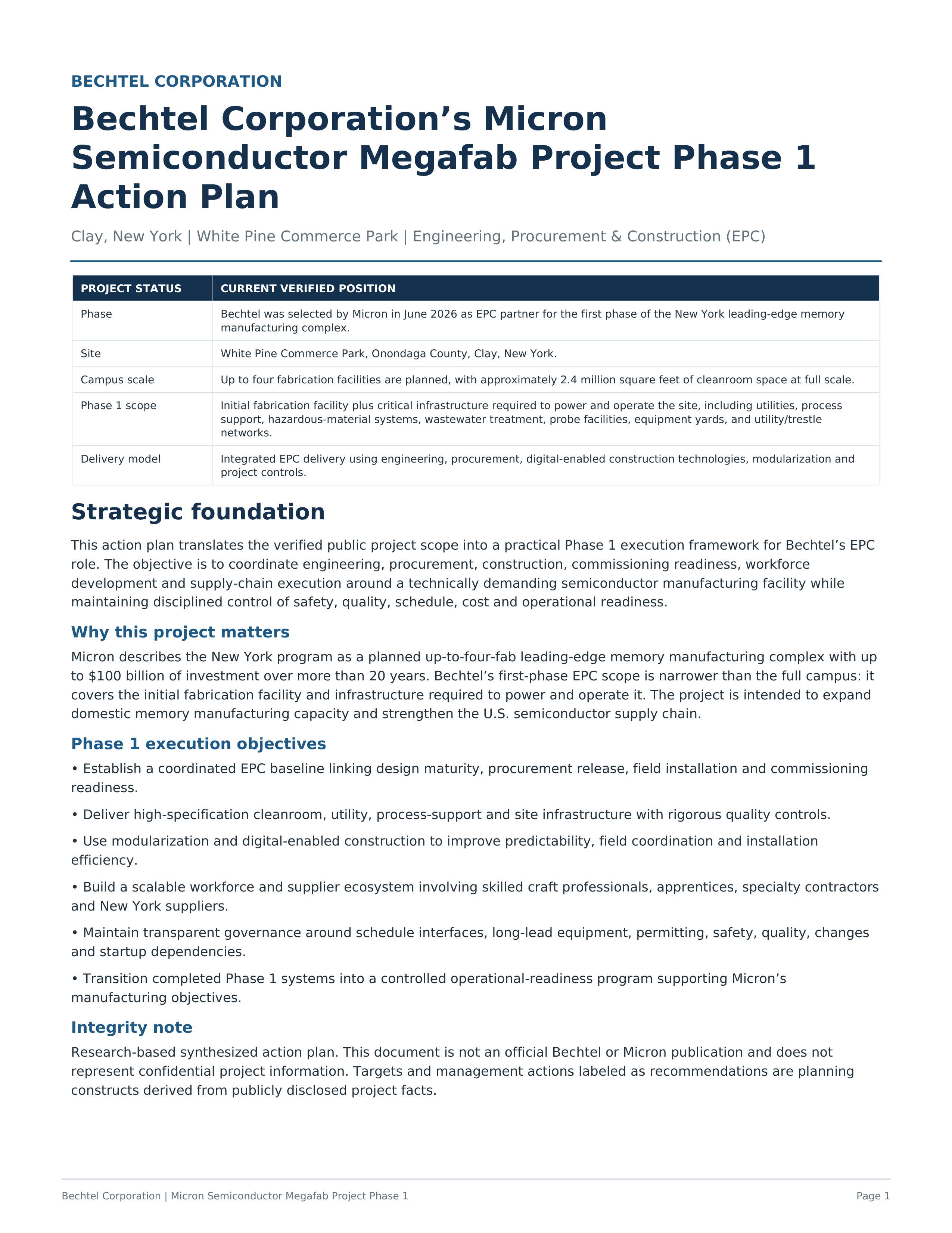 Bechtel Corporation’s Micron Semiconductor Megafab Project Action Plan — page 1