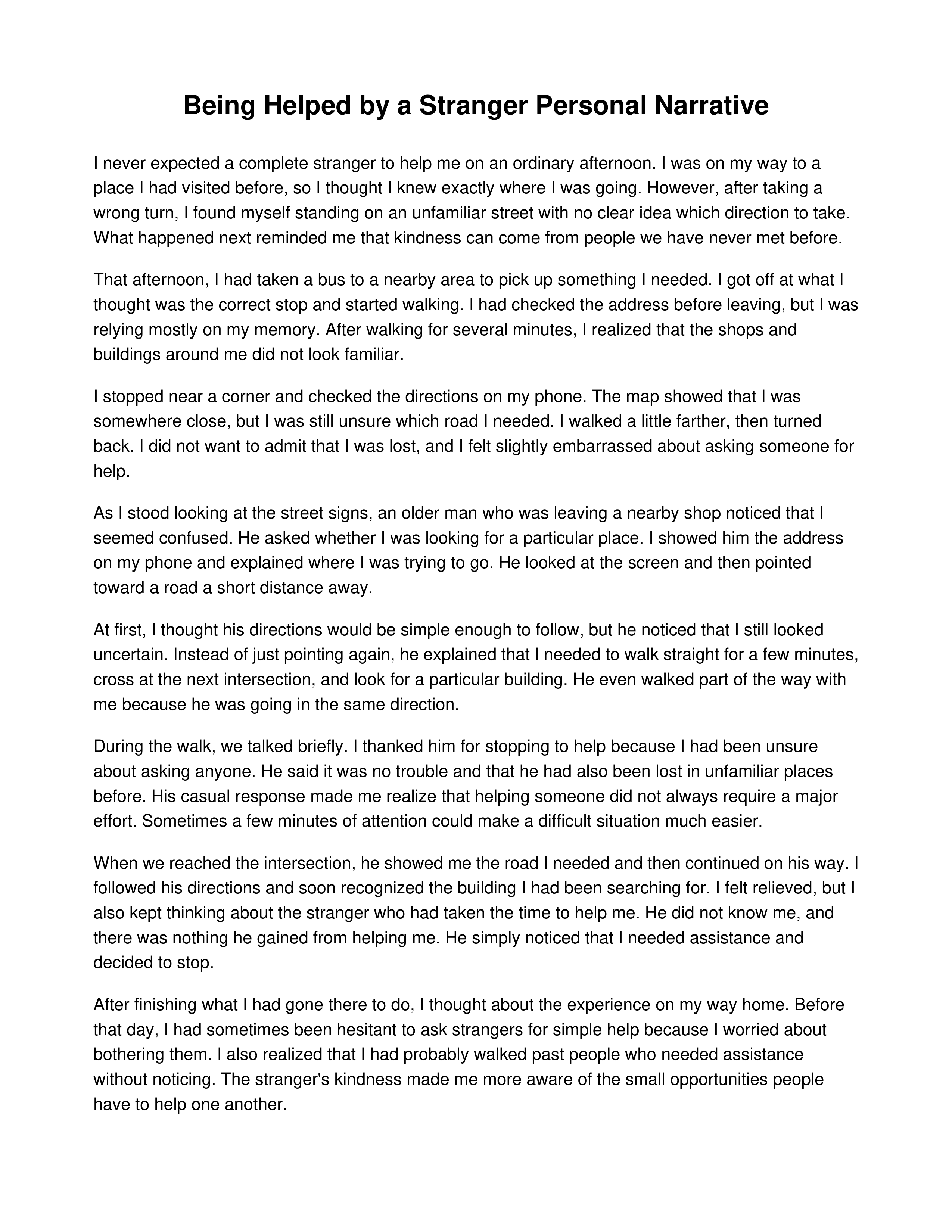 Being Helped by a Stranger Personal Narrative — page 1