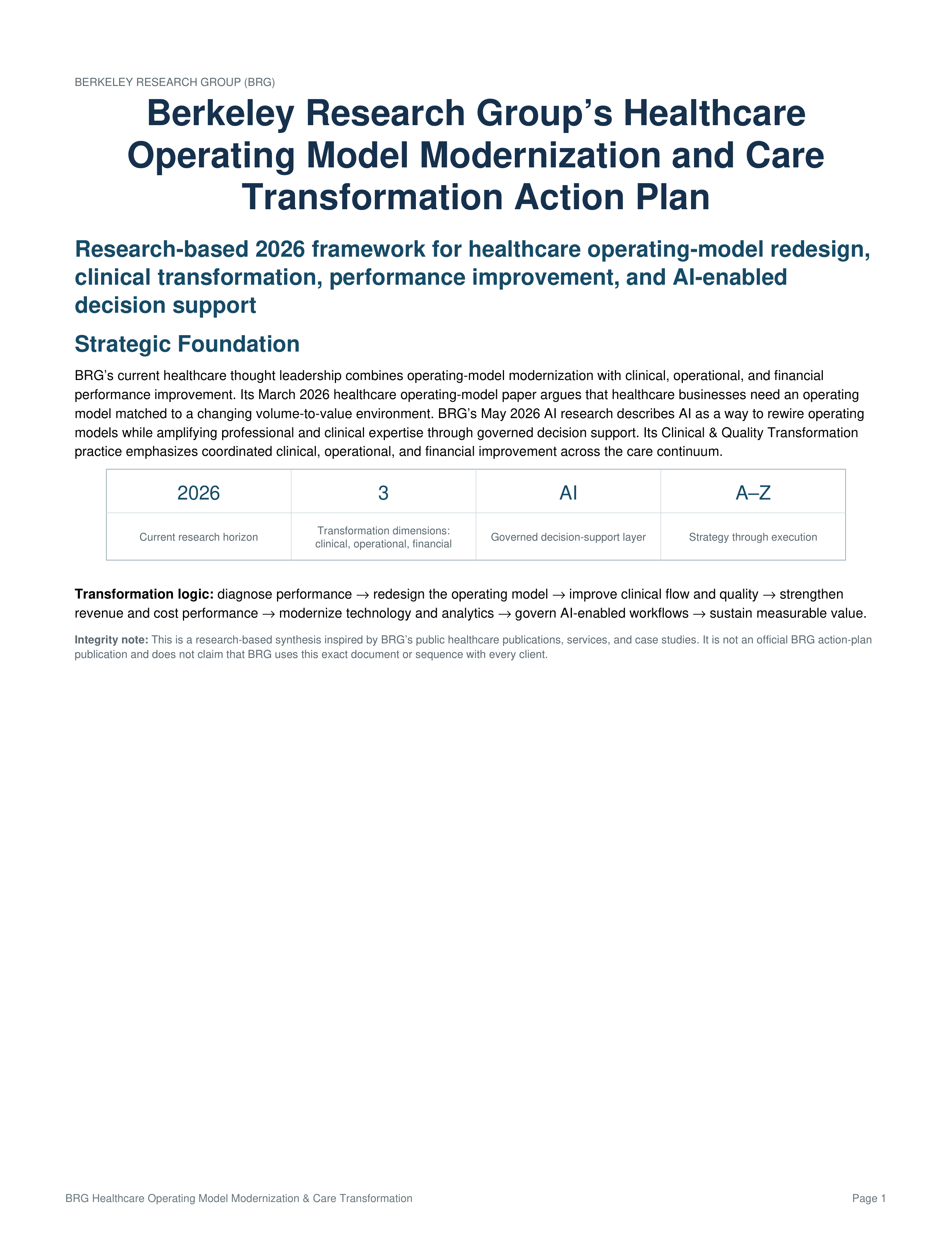 BRG Healthcare Operating Model Modernization and Care Transformation Action Plan — page 1