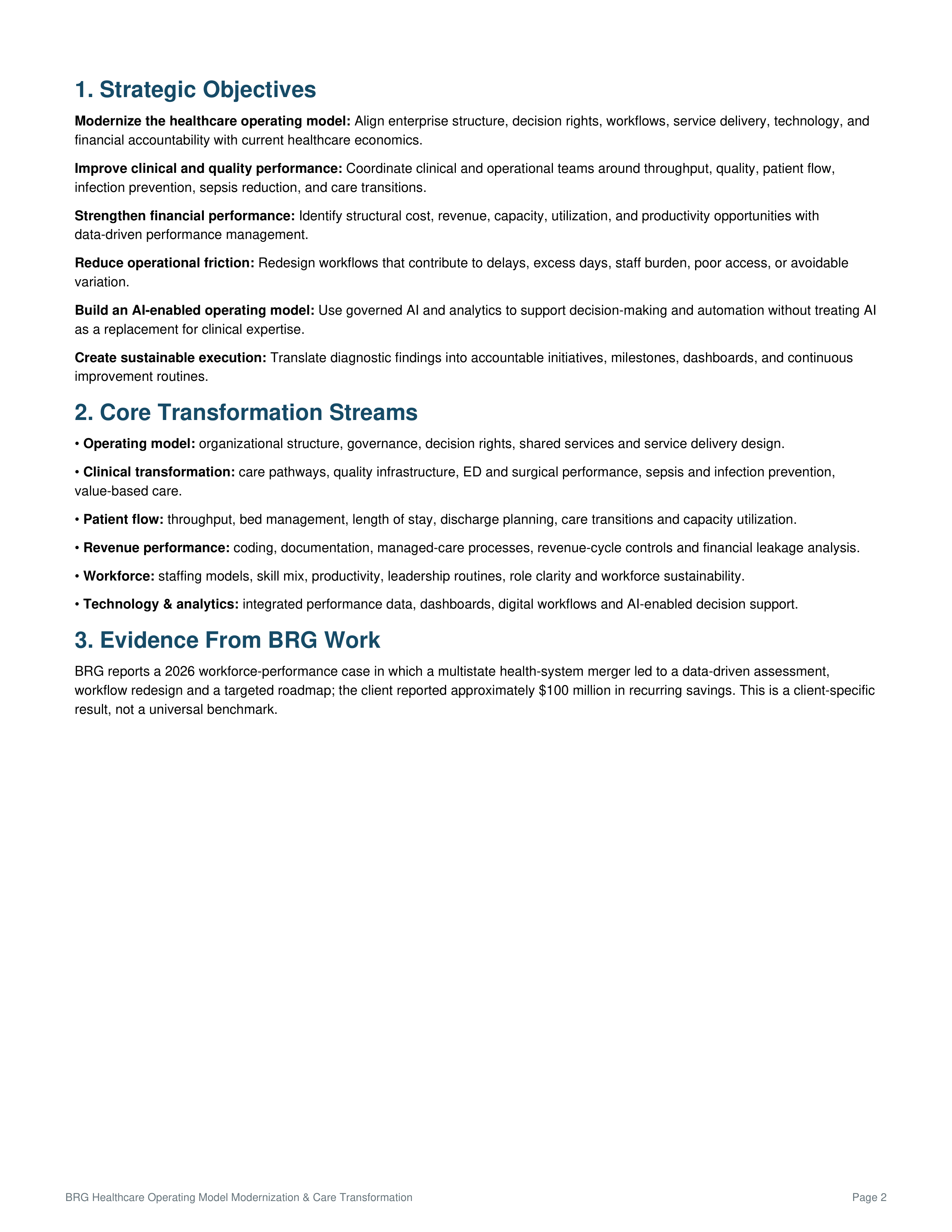 BRG Healthcare Operating Model Modernization and Care Transformation Action Plan — page 2