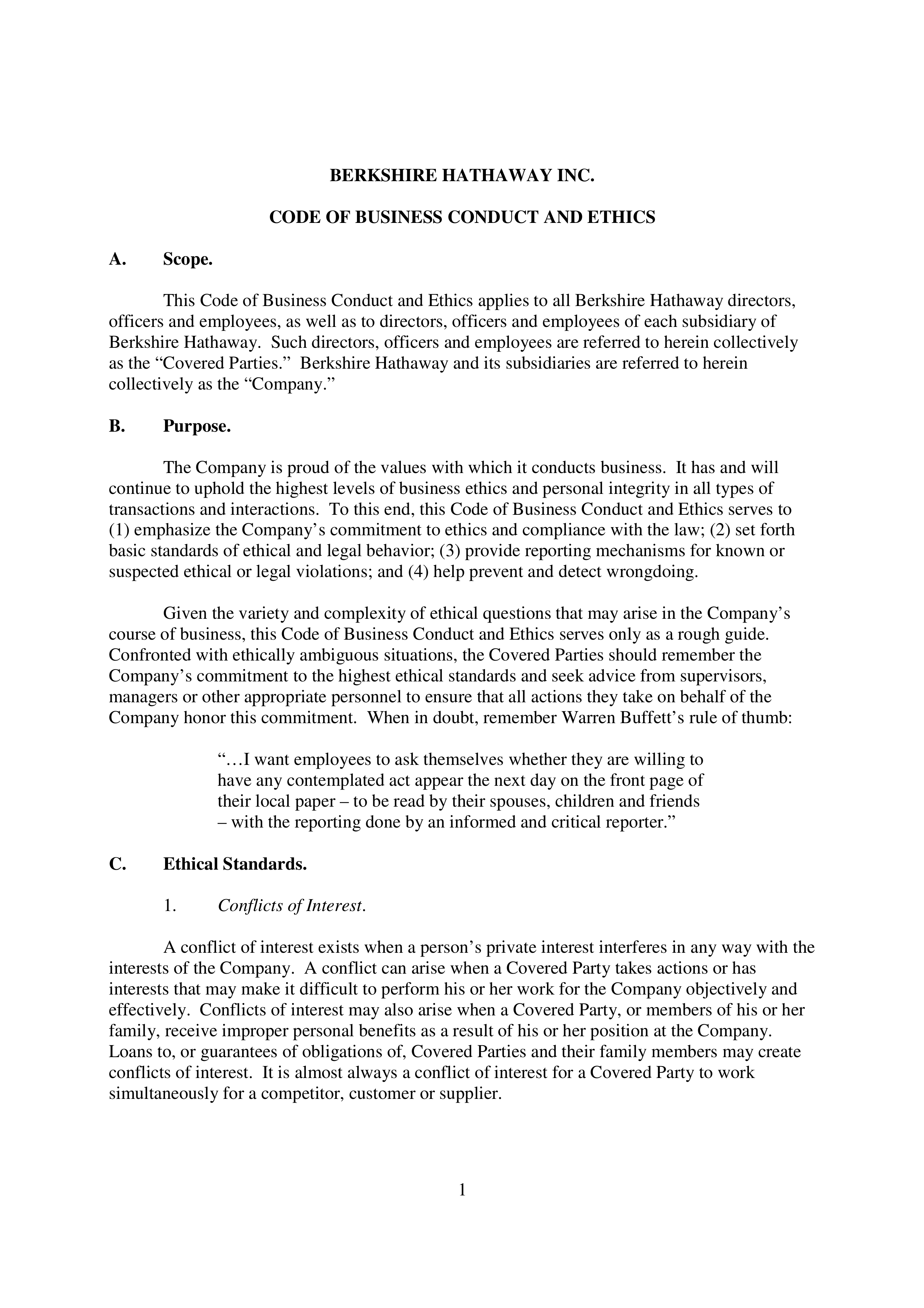 Berkshire Hathaway Code of Business Conduct and Ethics Handbook — page 1
