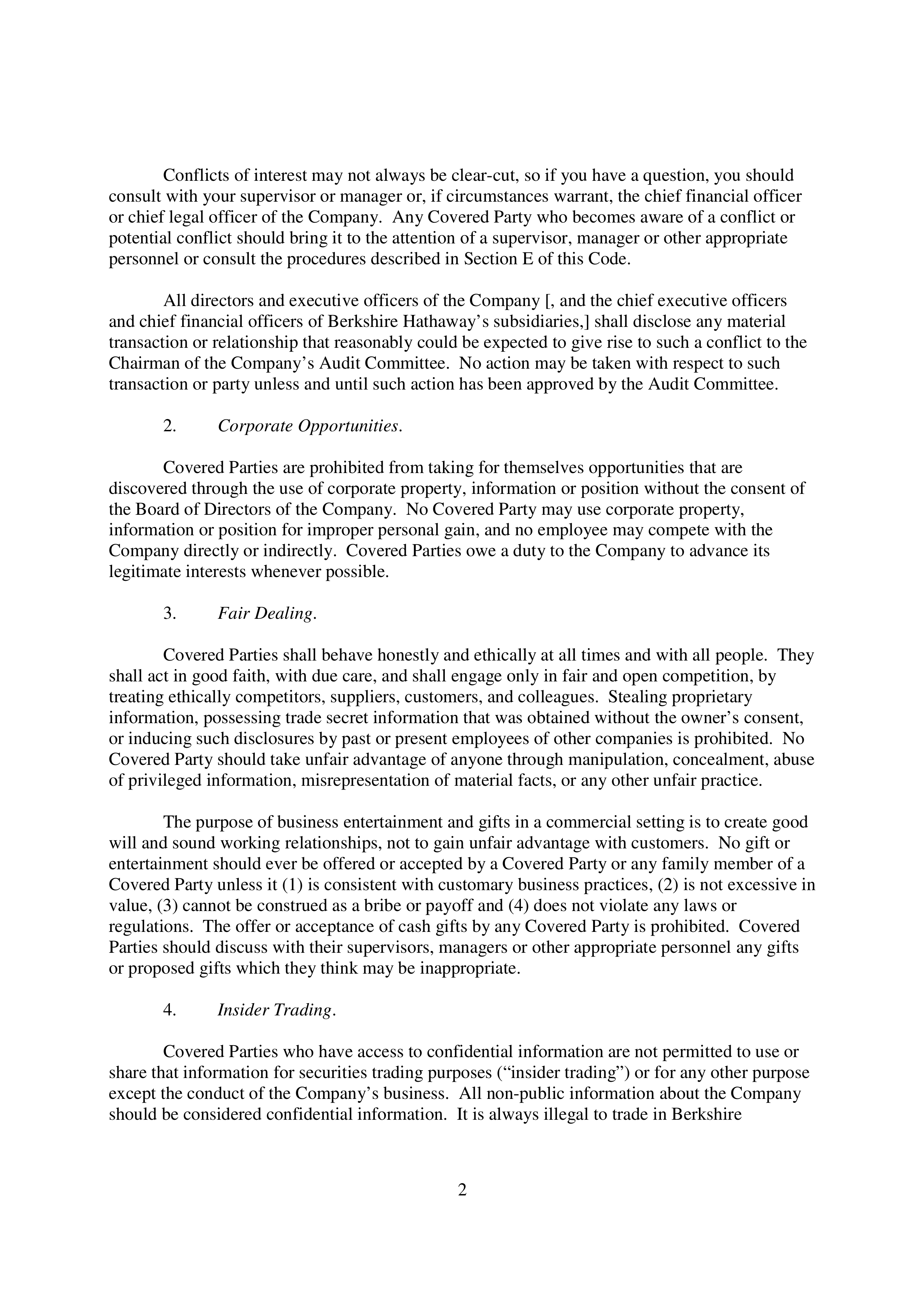 Berkshire Hathaway Code of Business Conduct and Ethics Handbook — page 2