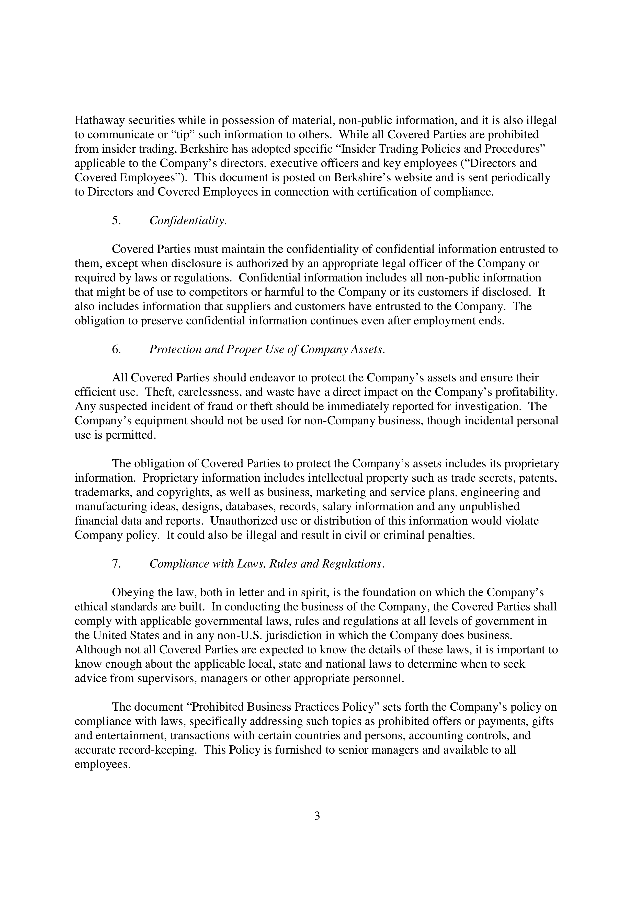 Berkshire Hathaway Code of Business Conduct and Ethics Handbook — page 3
