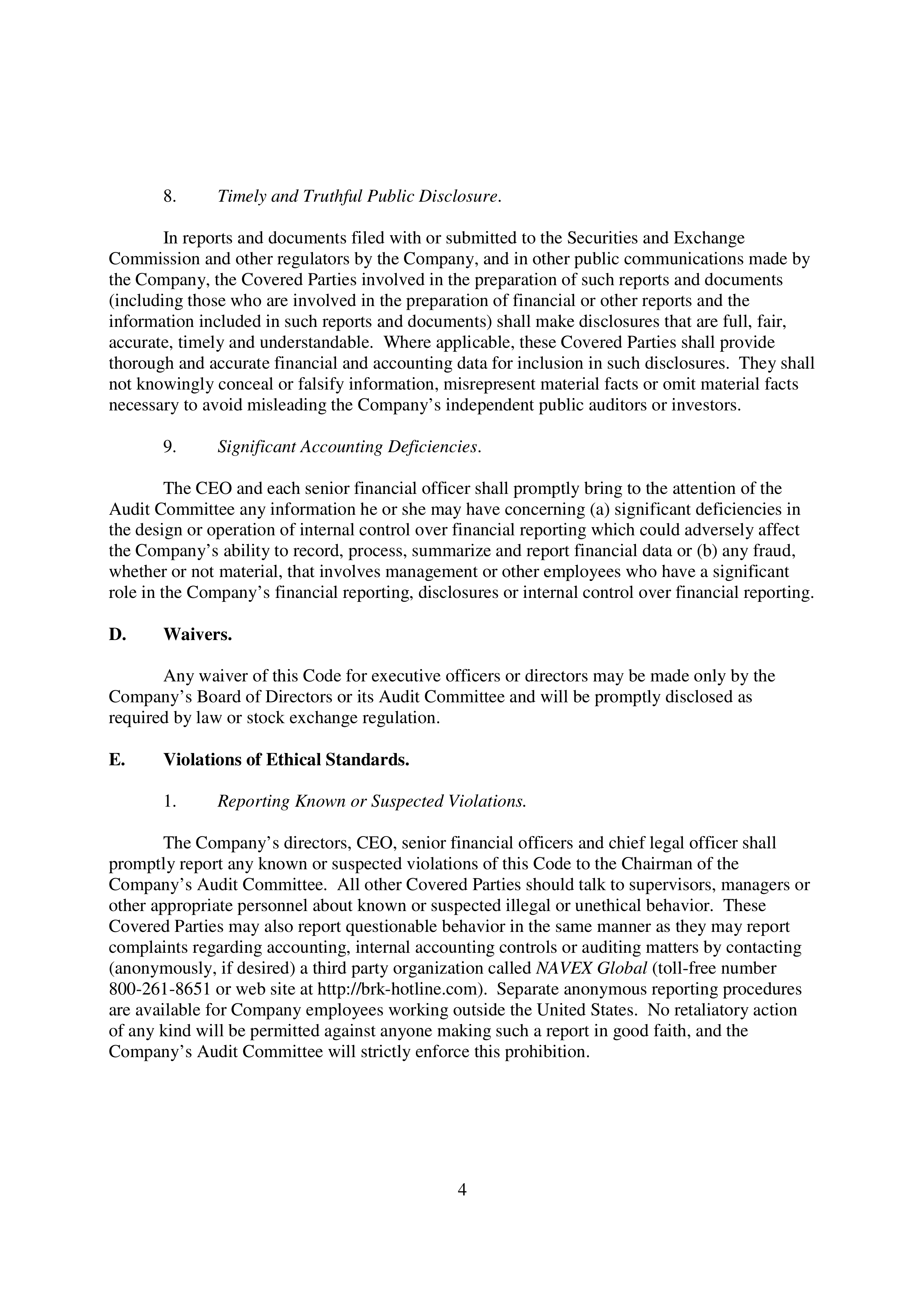 Berkshire Hathaway Code of Business Conduct and Ethics Handbook — page 4