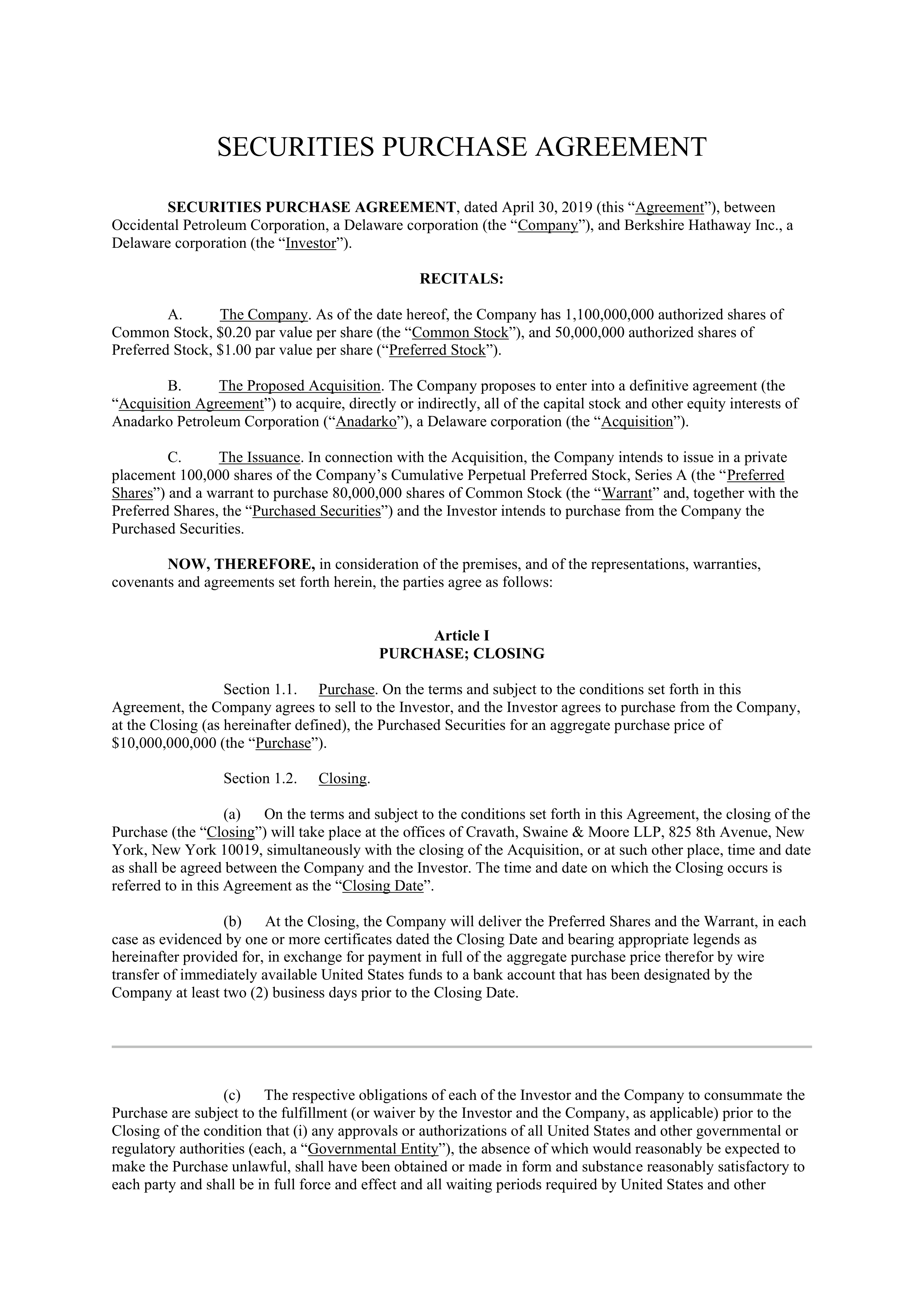 Berkshire Hathaway SECURITIES PURCHASE AGREEMENT — page 1