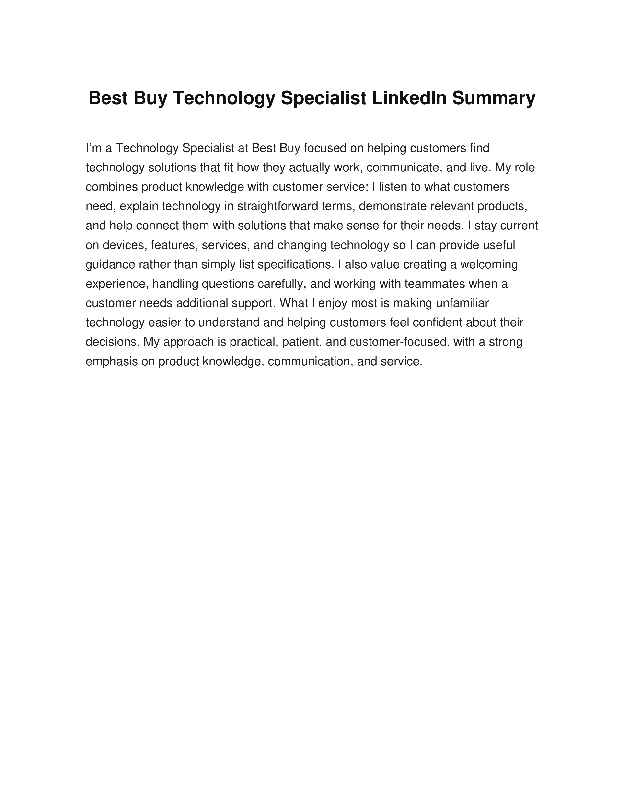 Best Buy Technology Specialist LinkedIn Summary — page 1