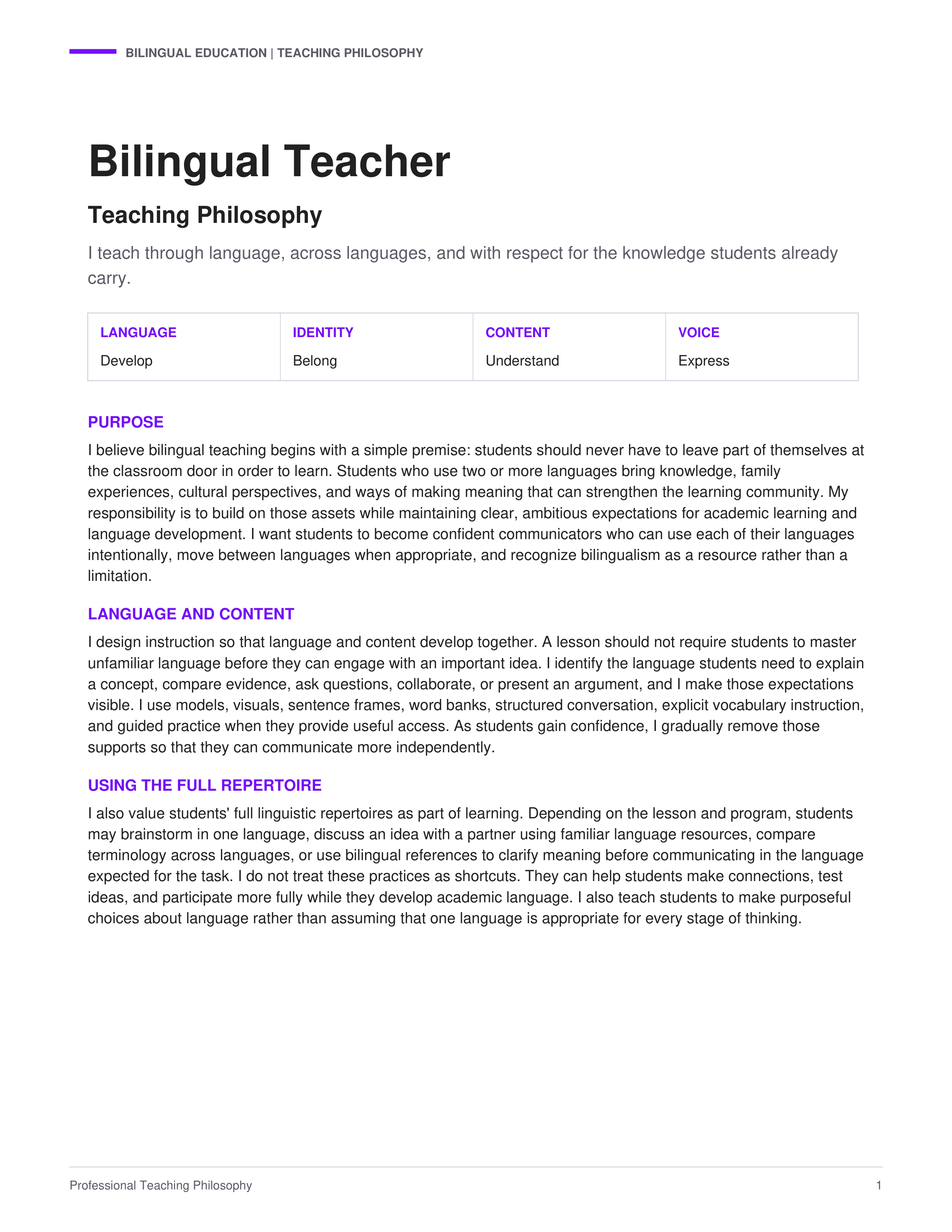 Bilingual Teacher Teaching Philosophy — page 1