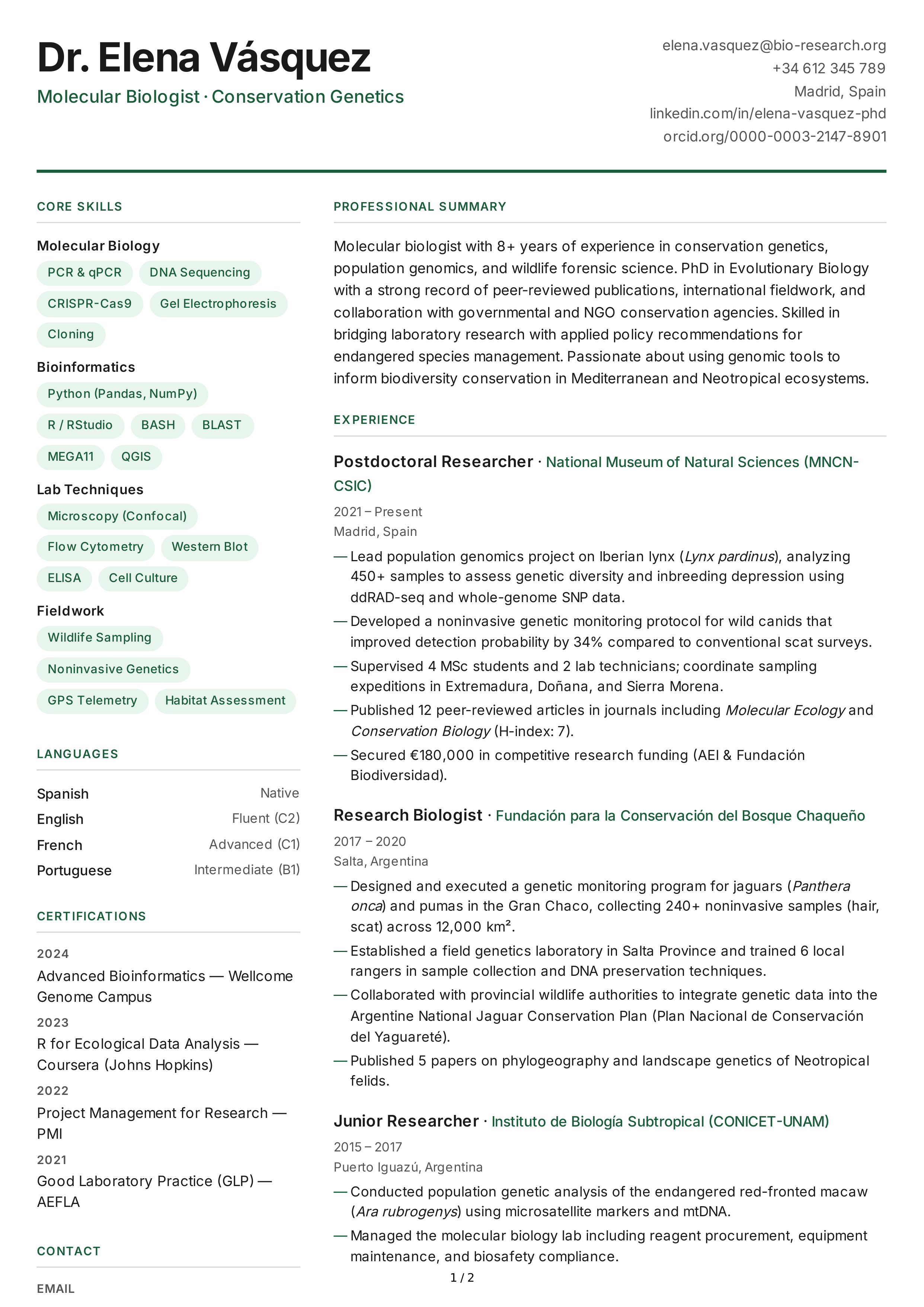 Biologist CV — page 1