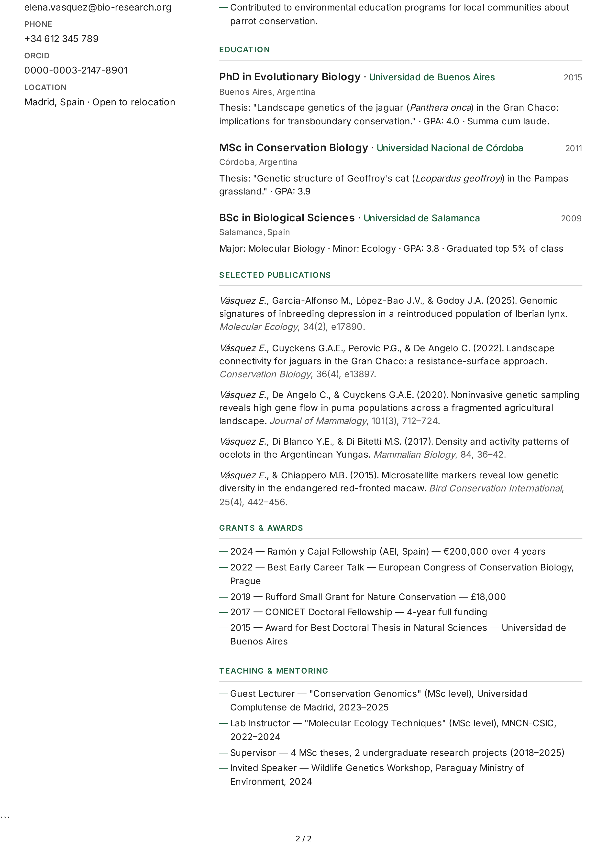Biologist CV — page 2