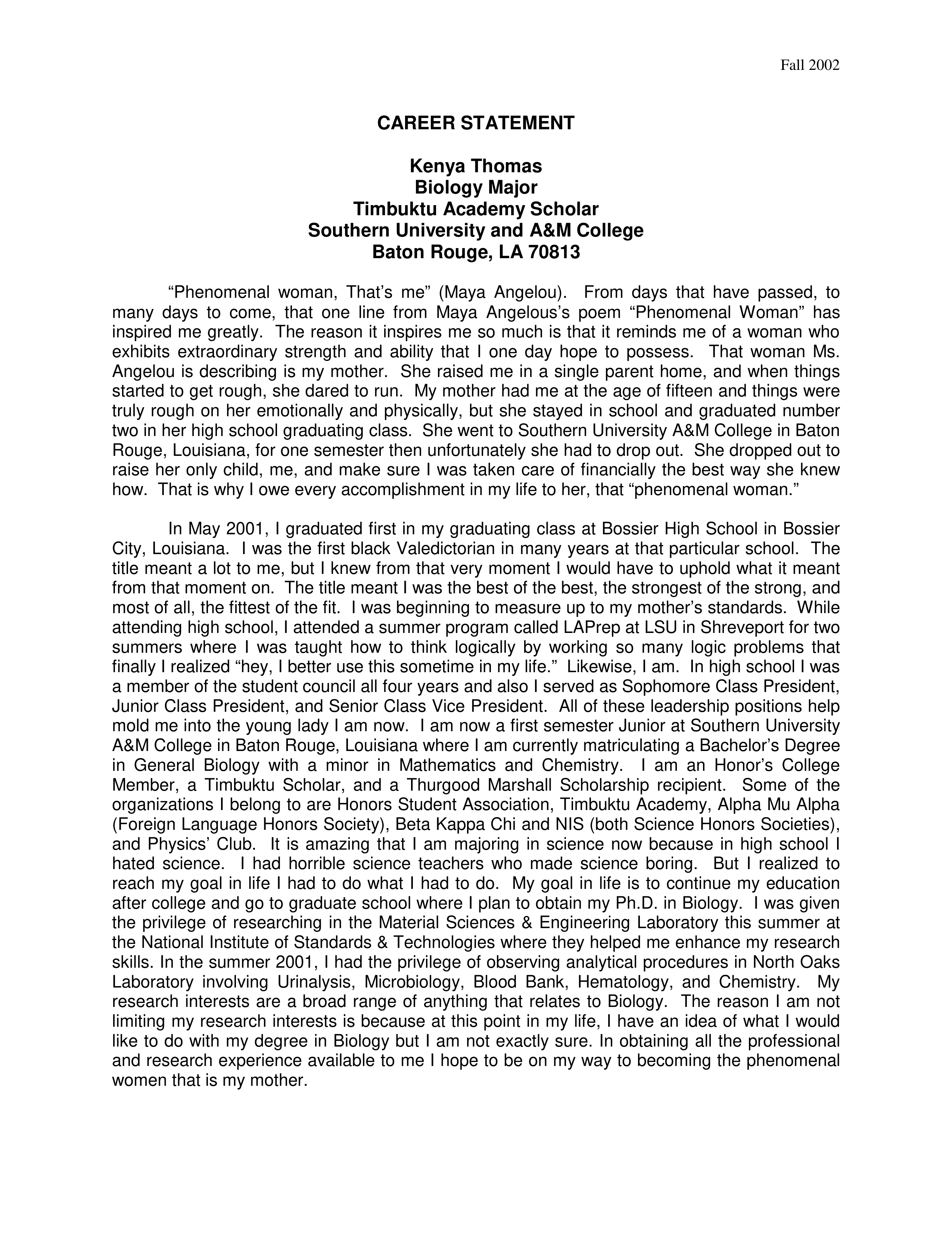 Biology Career Statement — page 1