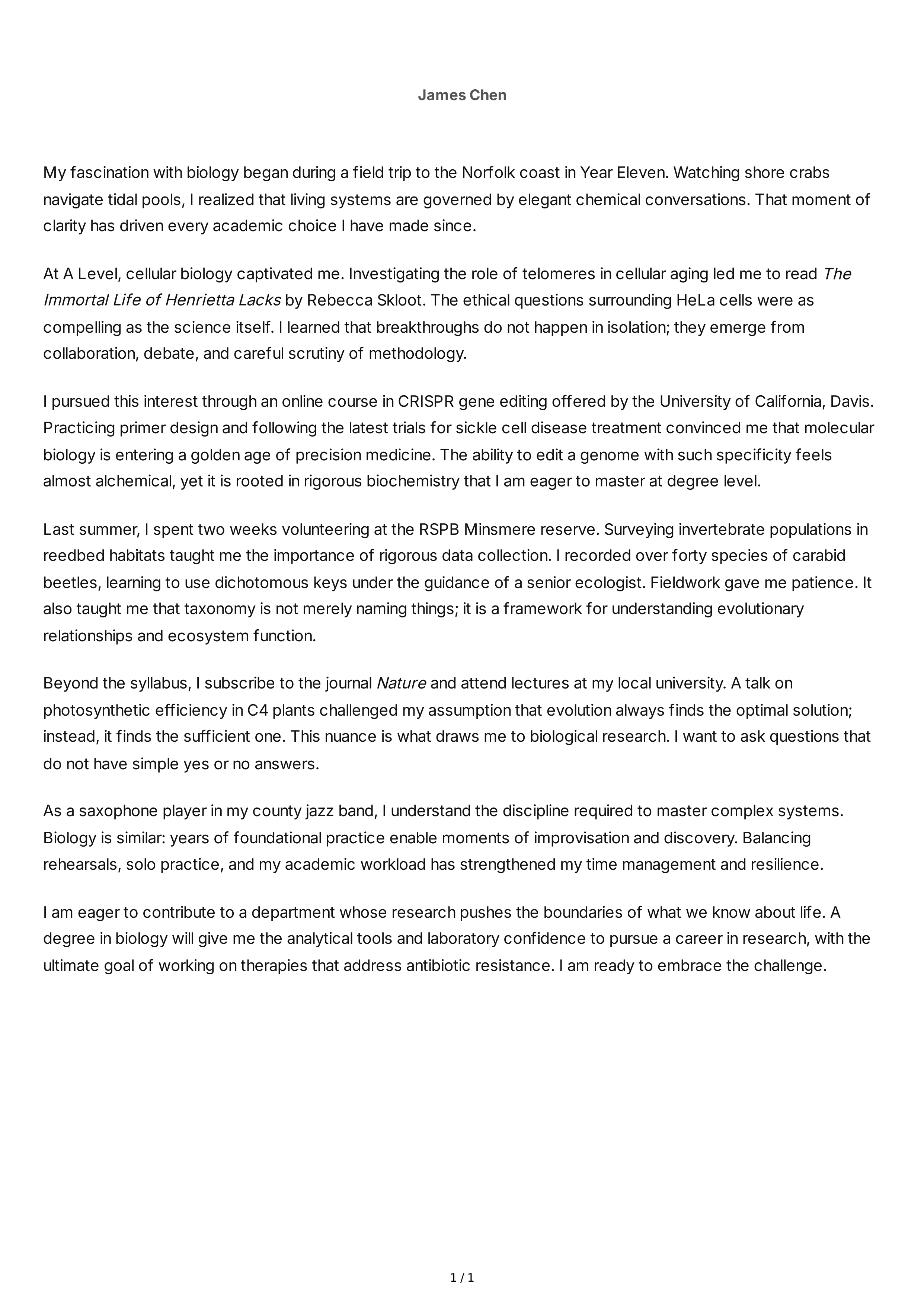 Biology Personal Statement — page 1