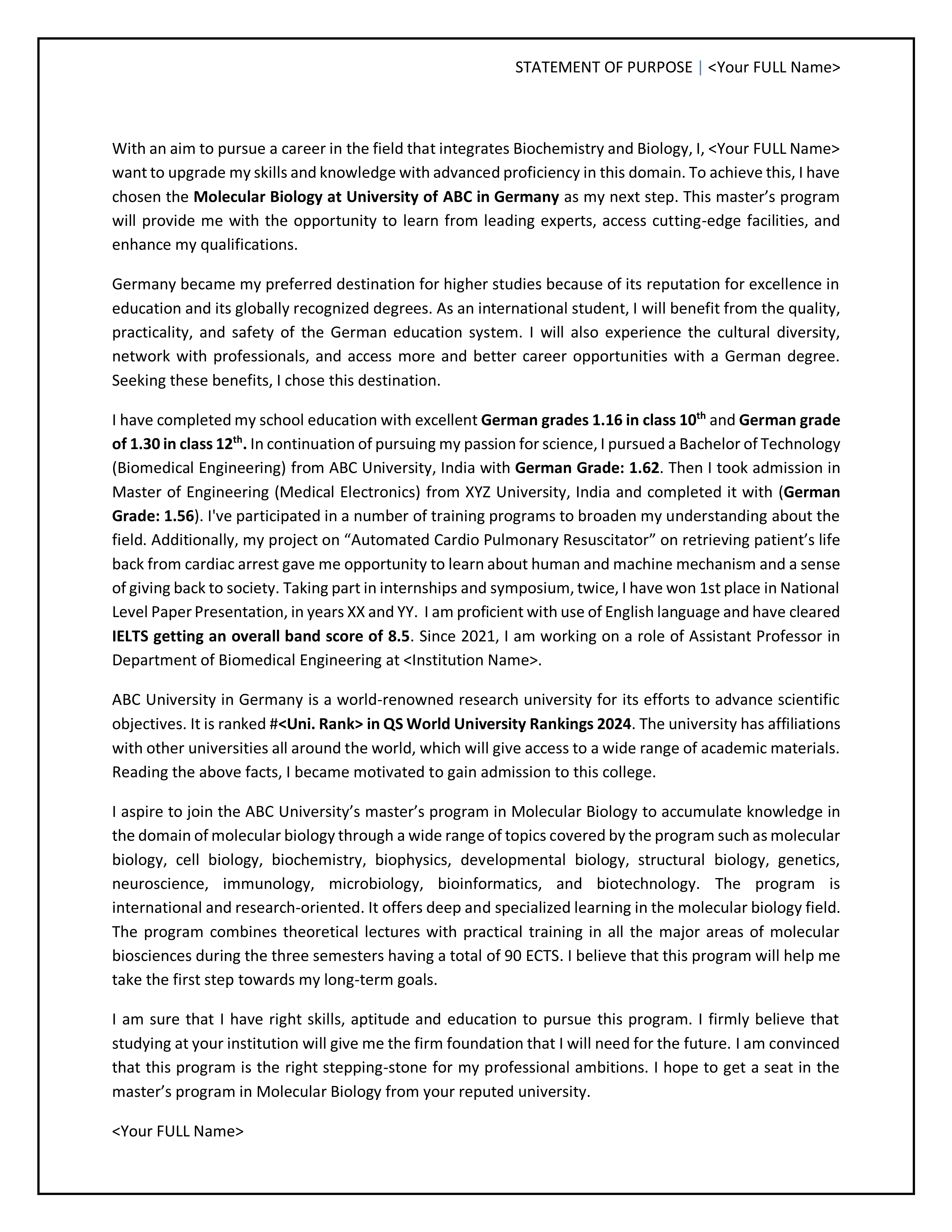 Biomedical Engineering Statement of Purpose — page 1