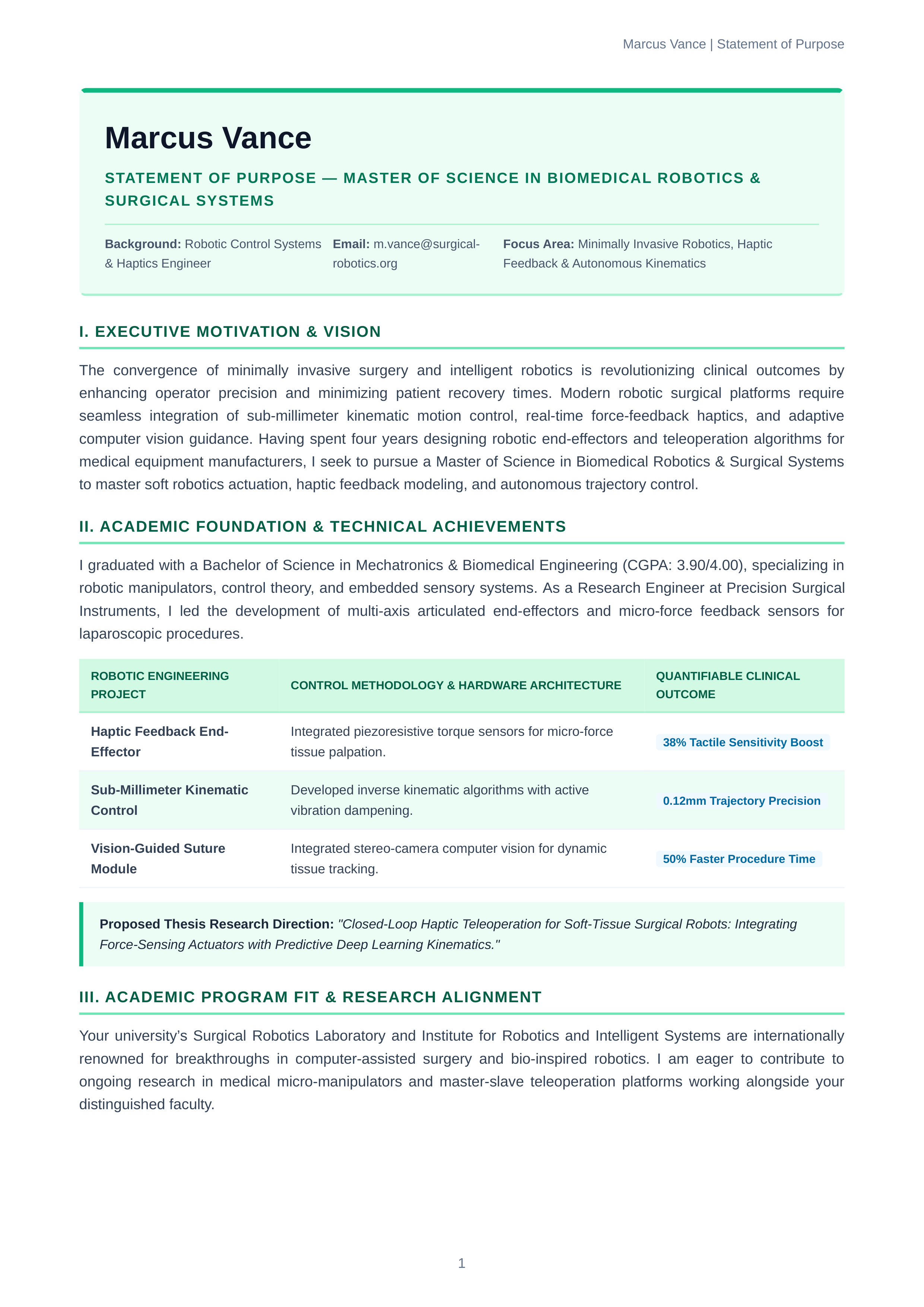 Biomedical Robotics Statement of Purpose — page 1