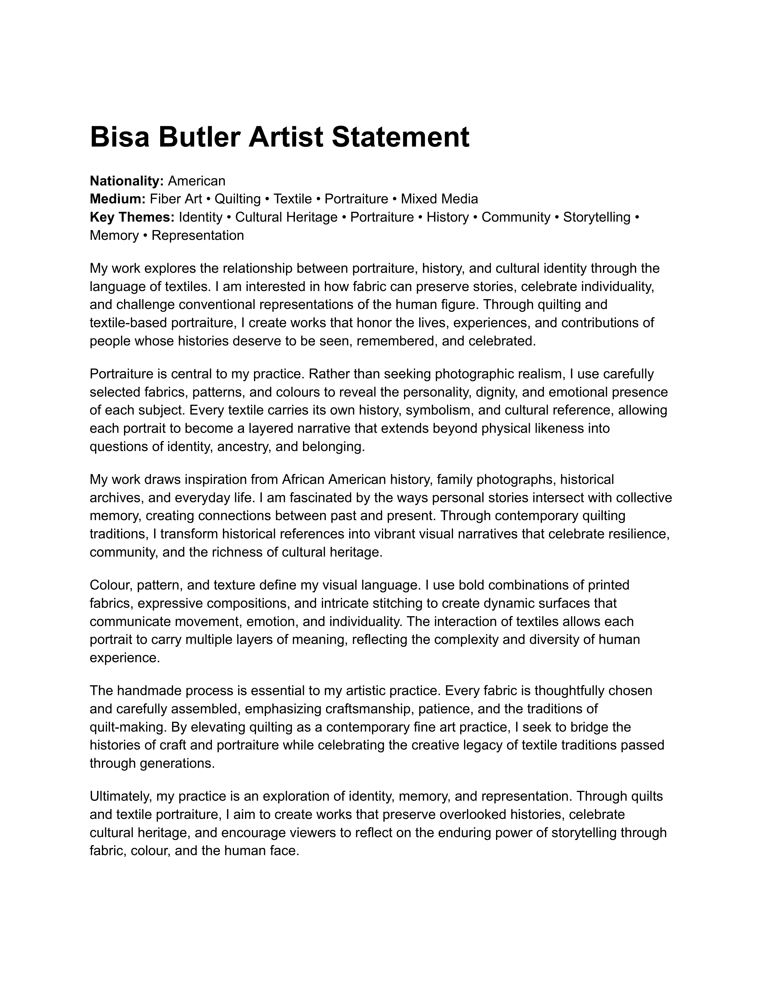 Bisa Butler Artist Statement — page 1