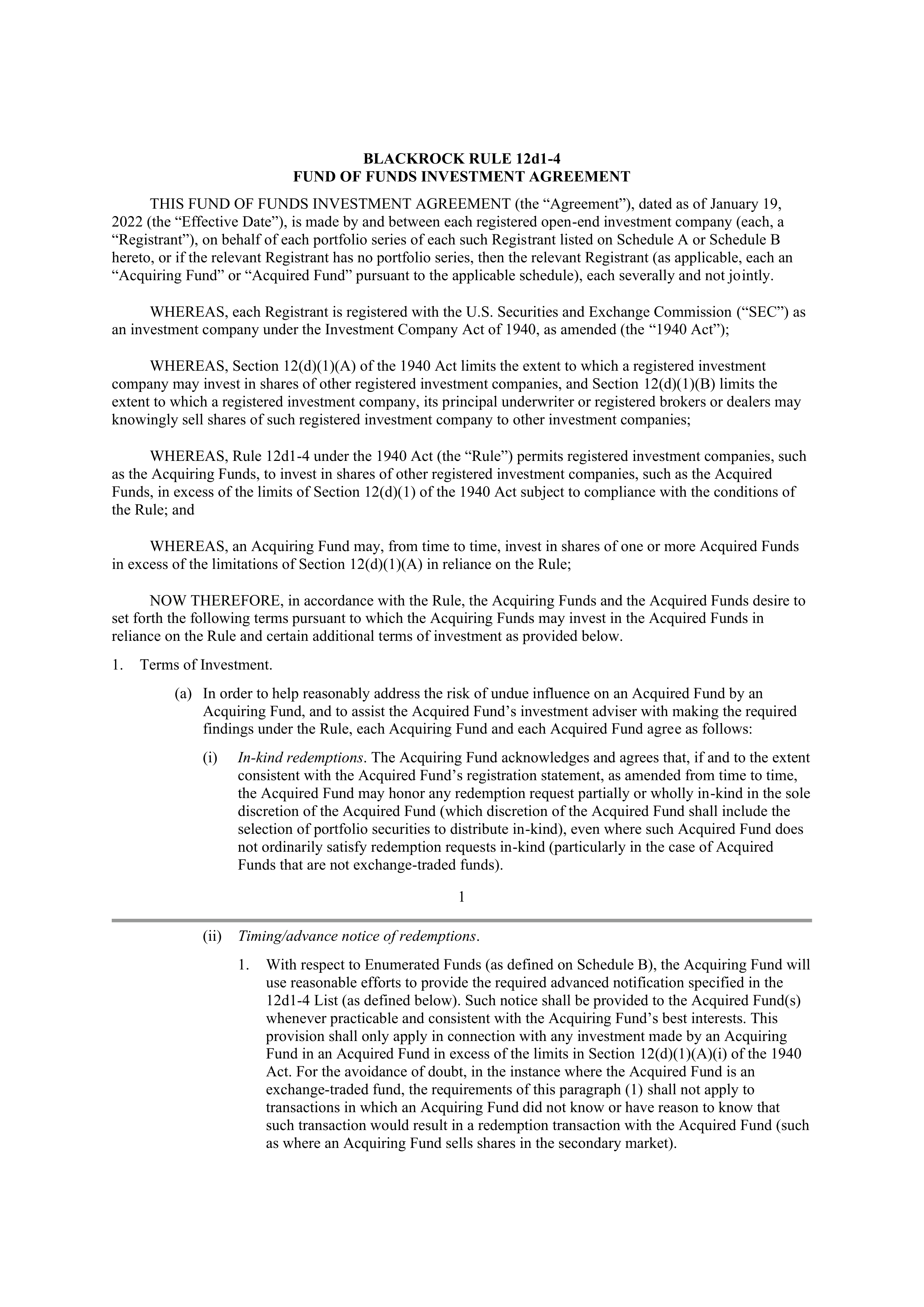 BlackRock Fund of Funds Investment Agreement — page 1